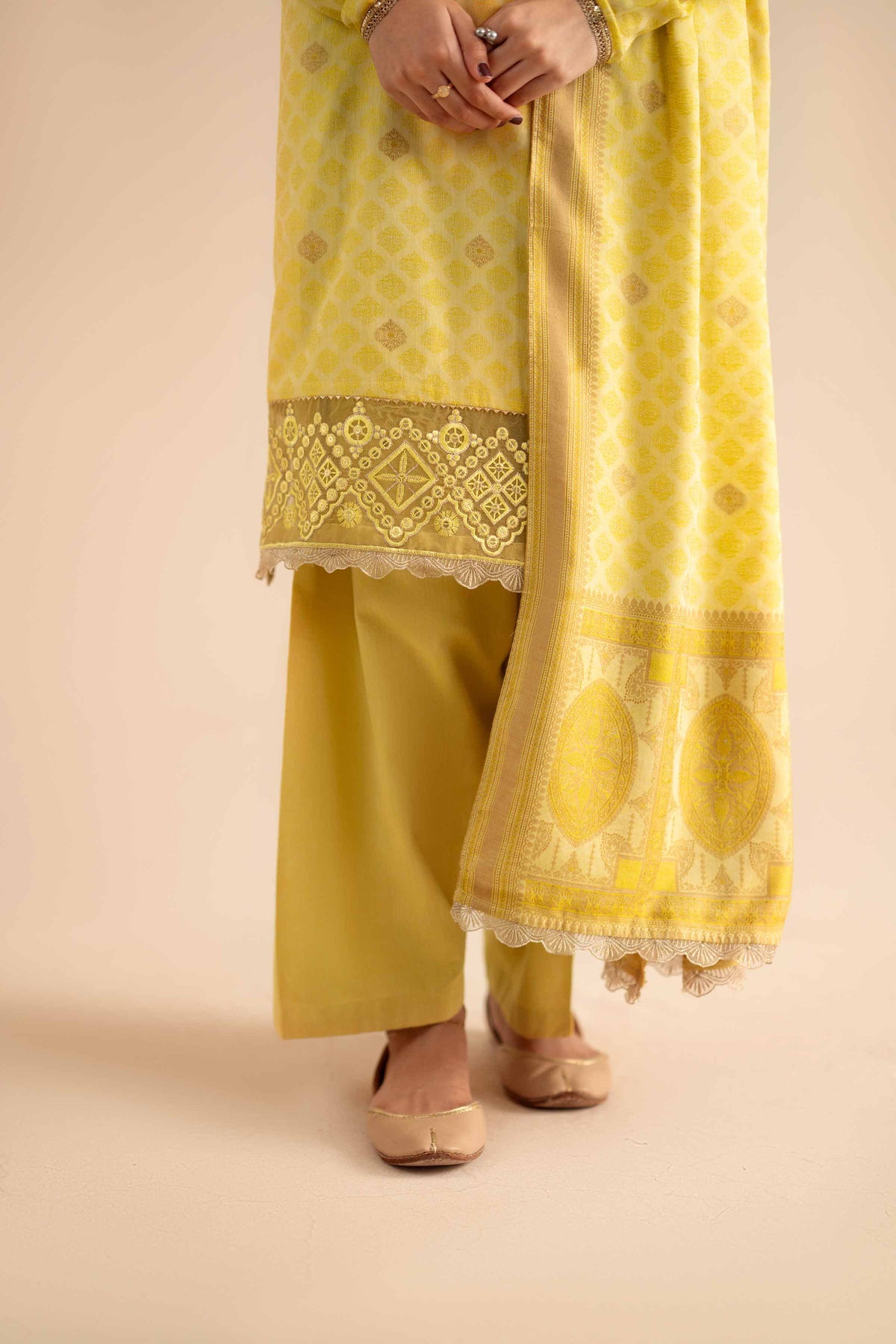 3 Piece - Basic Suit - PW25-593 Yellow Jacquard 3PC Solids Nishat Australia