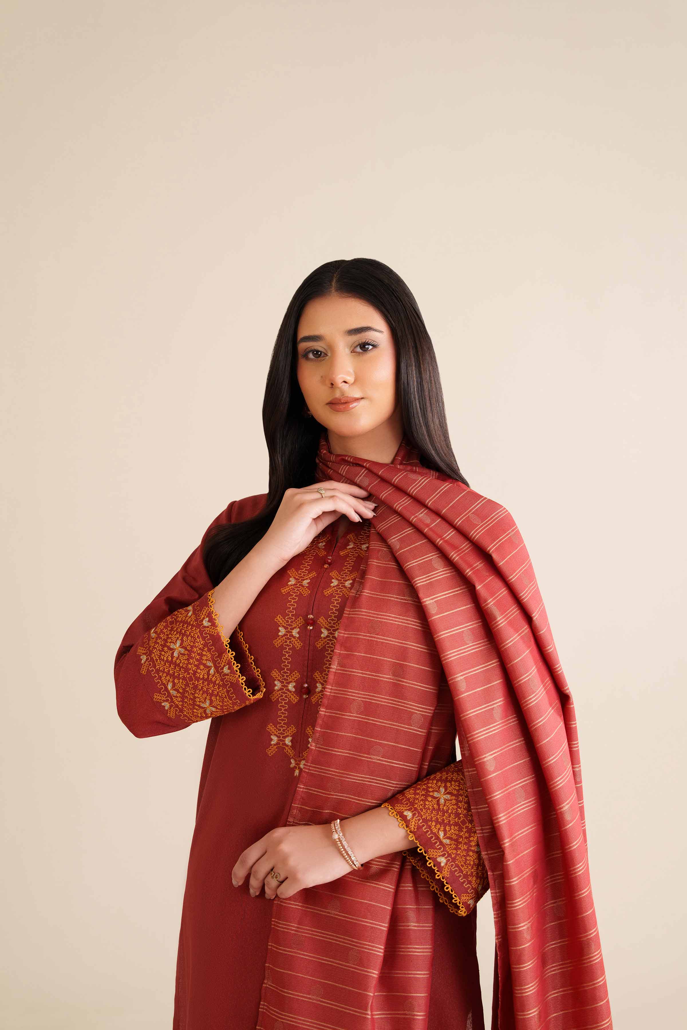 3 Piece - Embroidered Suit - PW25-64 READY TO WEAR Red Karandi 3PC Embroidered
