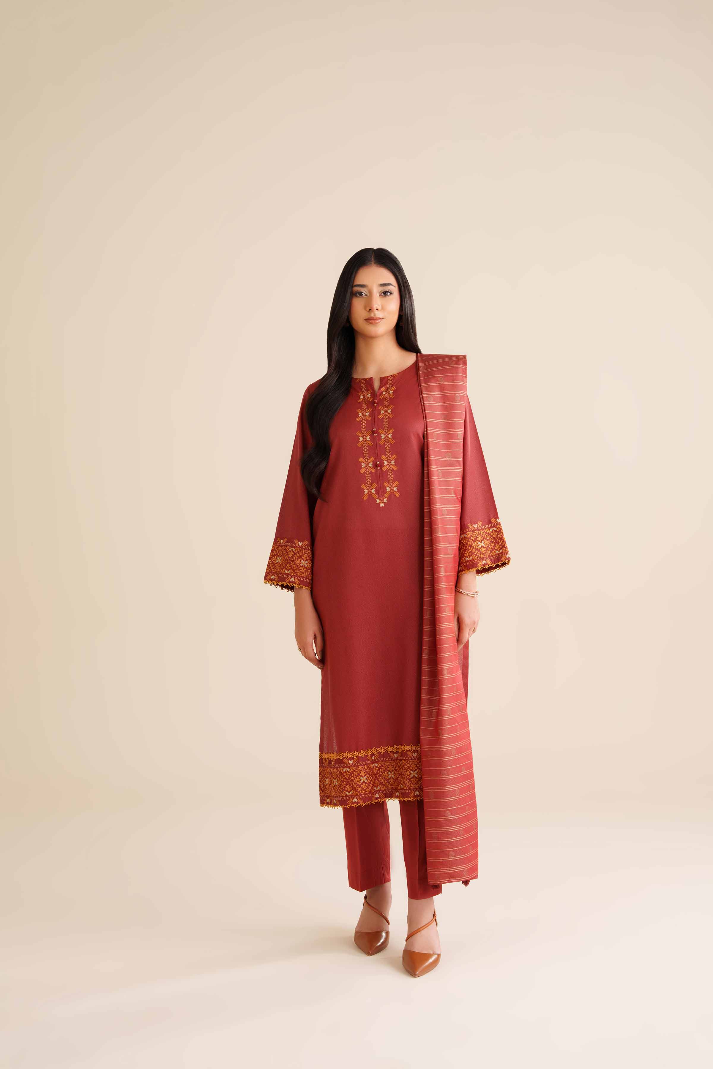 3 Piece - Embroidered Suit - PW25-64 READY TO WEAR Red Karandi 3PC Embroidered
