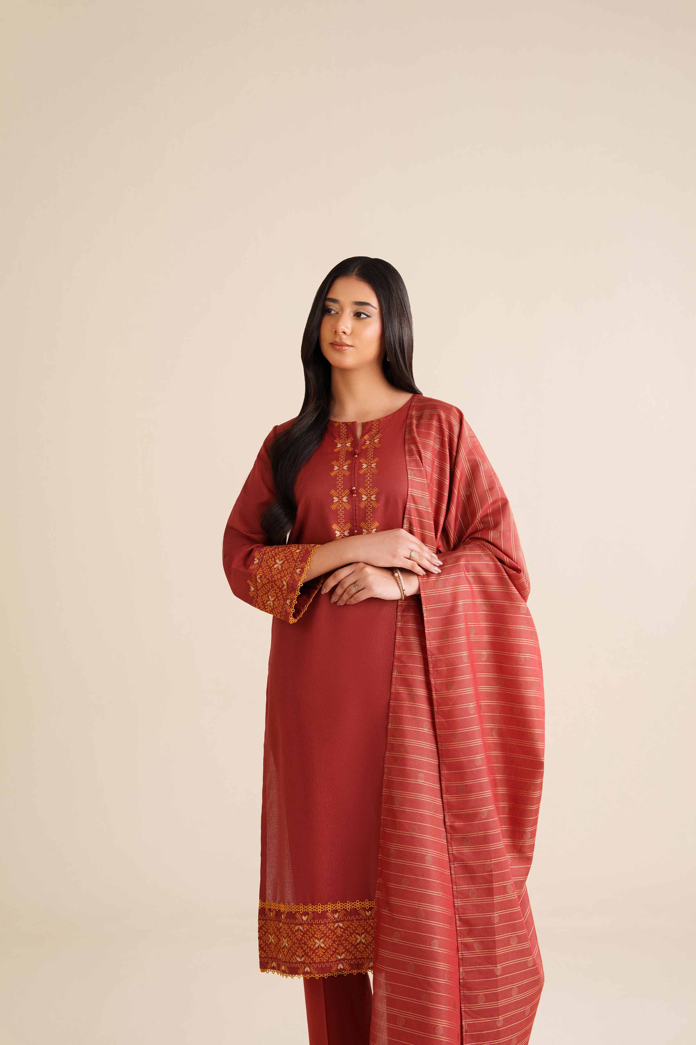3 Piece - Embroidered Suit - PW25-64 READY TO WEAR Red Karandi 3PC Embroidered