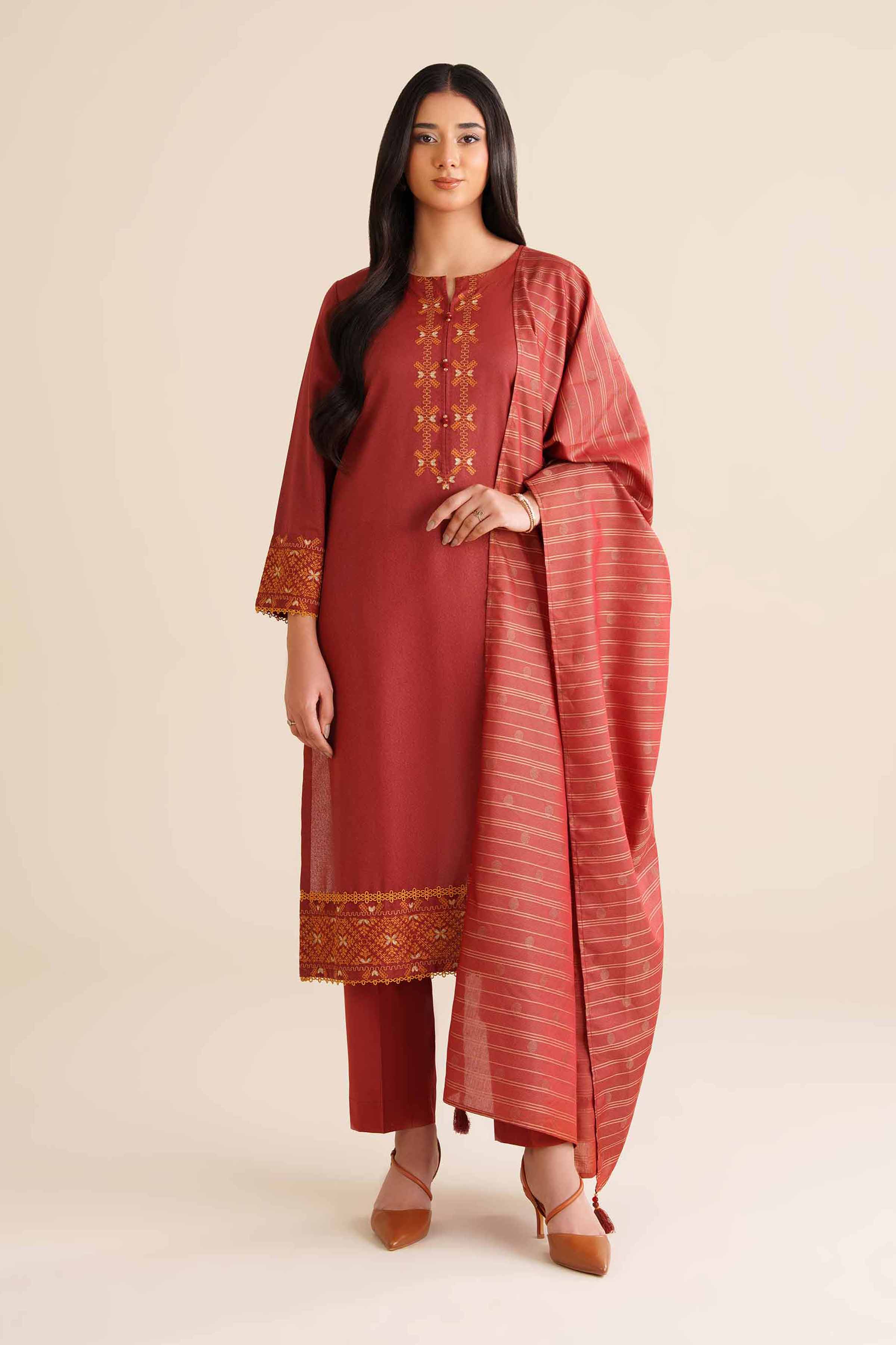 3 Piece - Embroidered Suit - PW25-64 READY TO WEAR Red Karandi 3PC Embroidered