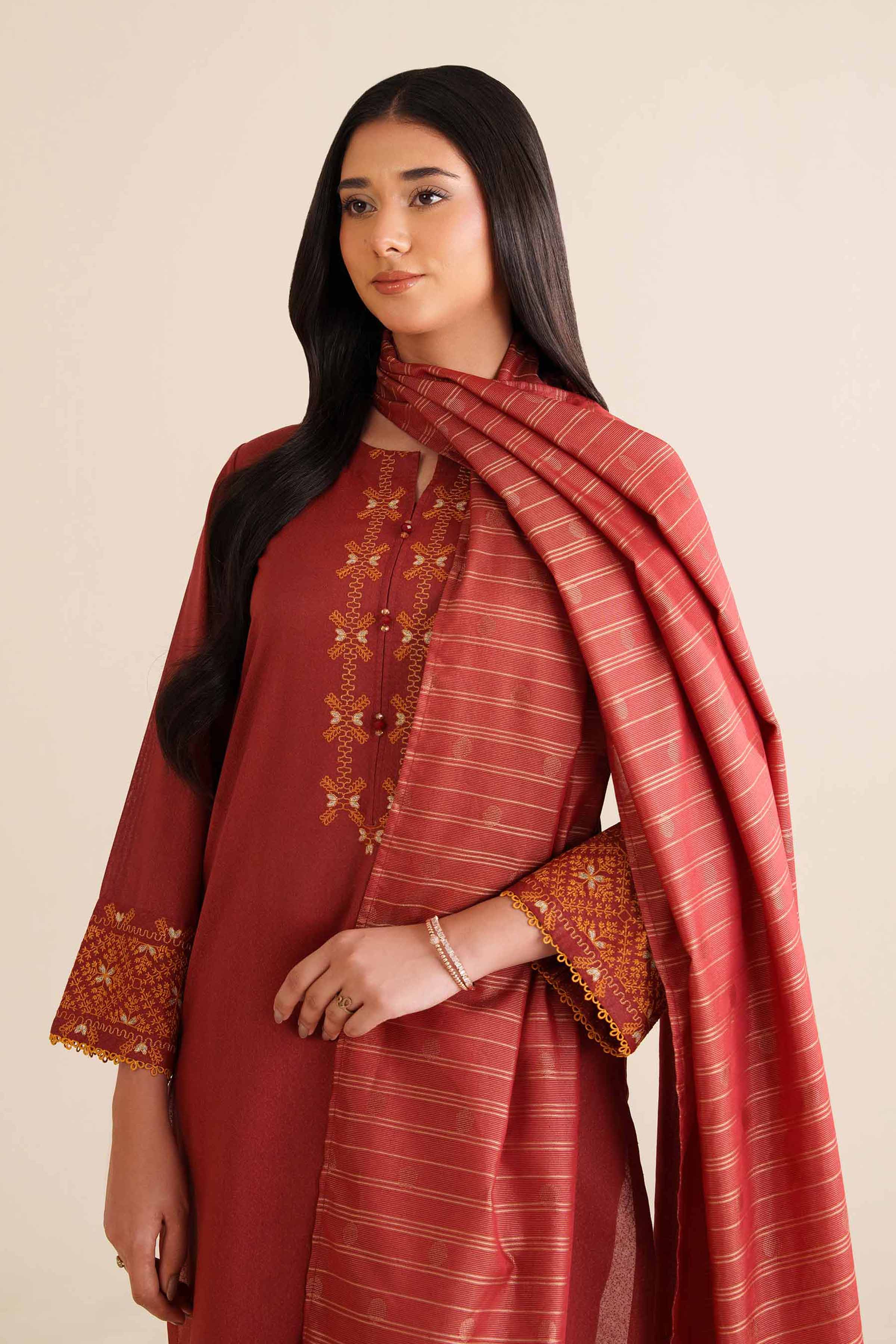 3 Piece - Embroidered Suit - PW25-64 READY TO WEAR Red Karandi 3PC Embroidered