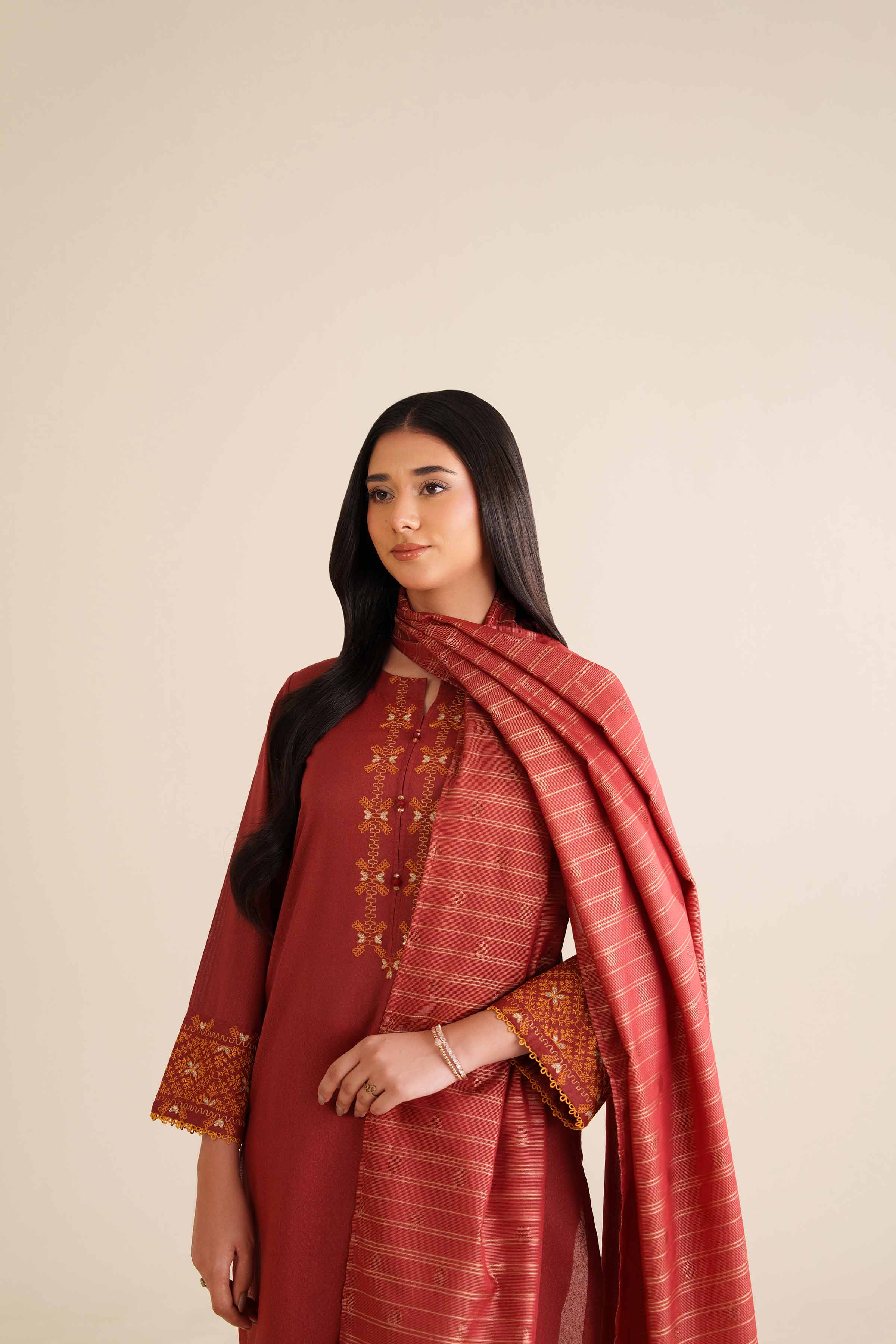 3 Piece - Embroidered Suit - PW25-64 READY TO WEAR Red Karandi 3PC Embroidered