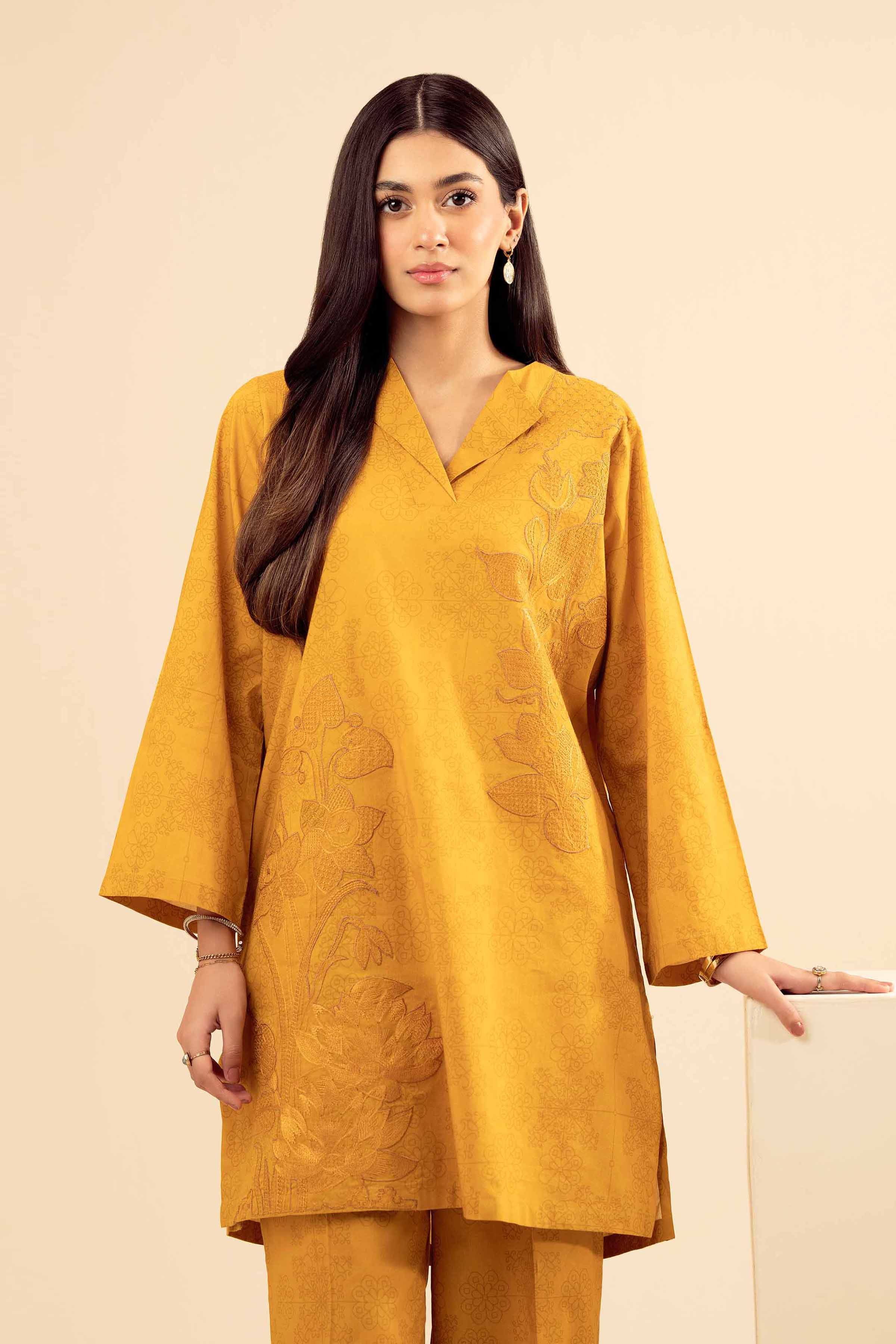 2 Piece - Printed Embroidered Suit - PW25-67 READY TO WEAR Yellow Cambric 2PC Embroidered