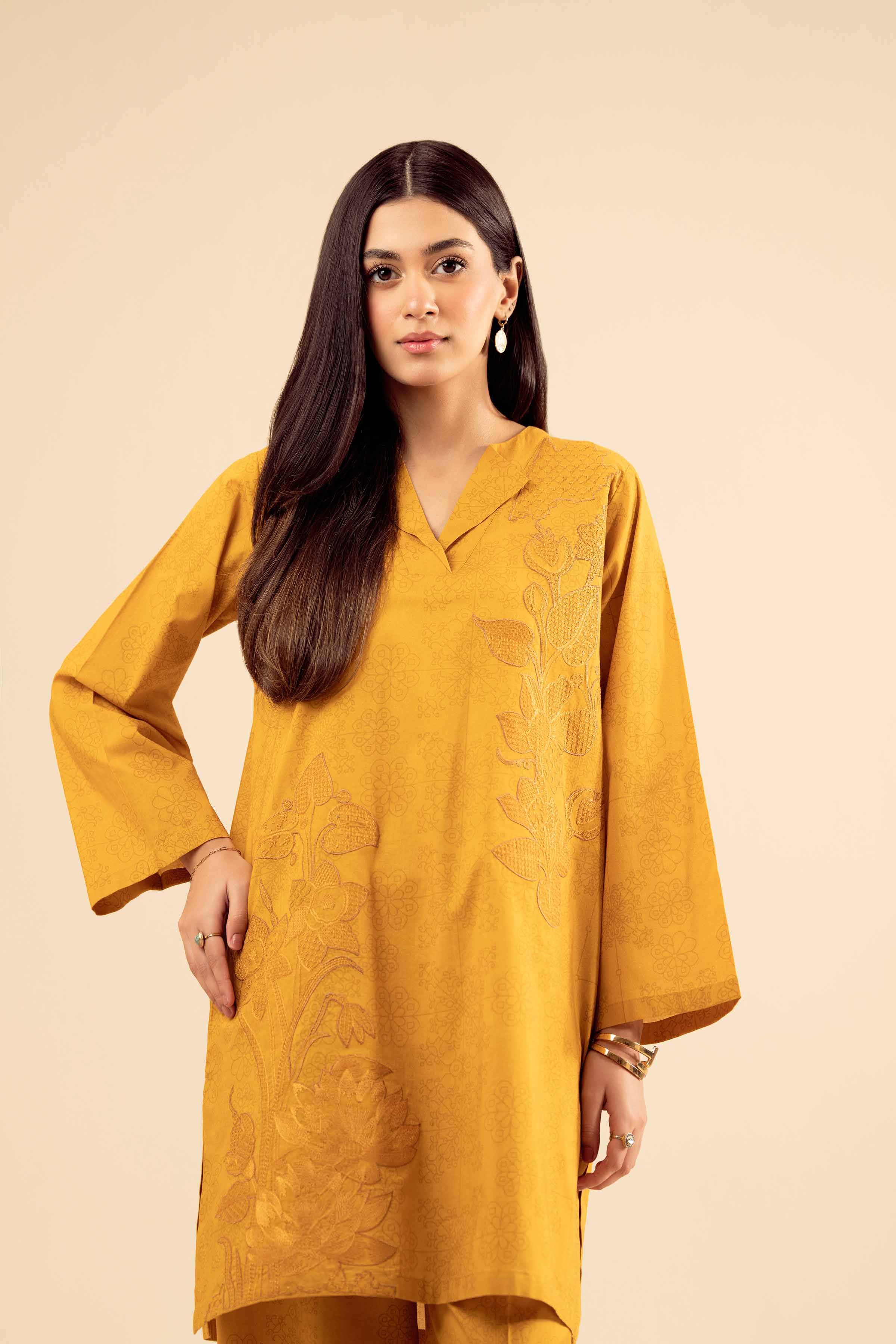 2 Piece - Printed Embroidered Suit - PW25-67 READY TO WEAR Yellow Cambric 2PC Embroidered