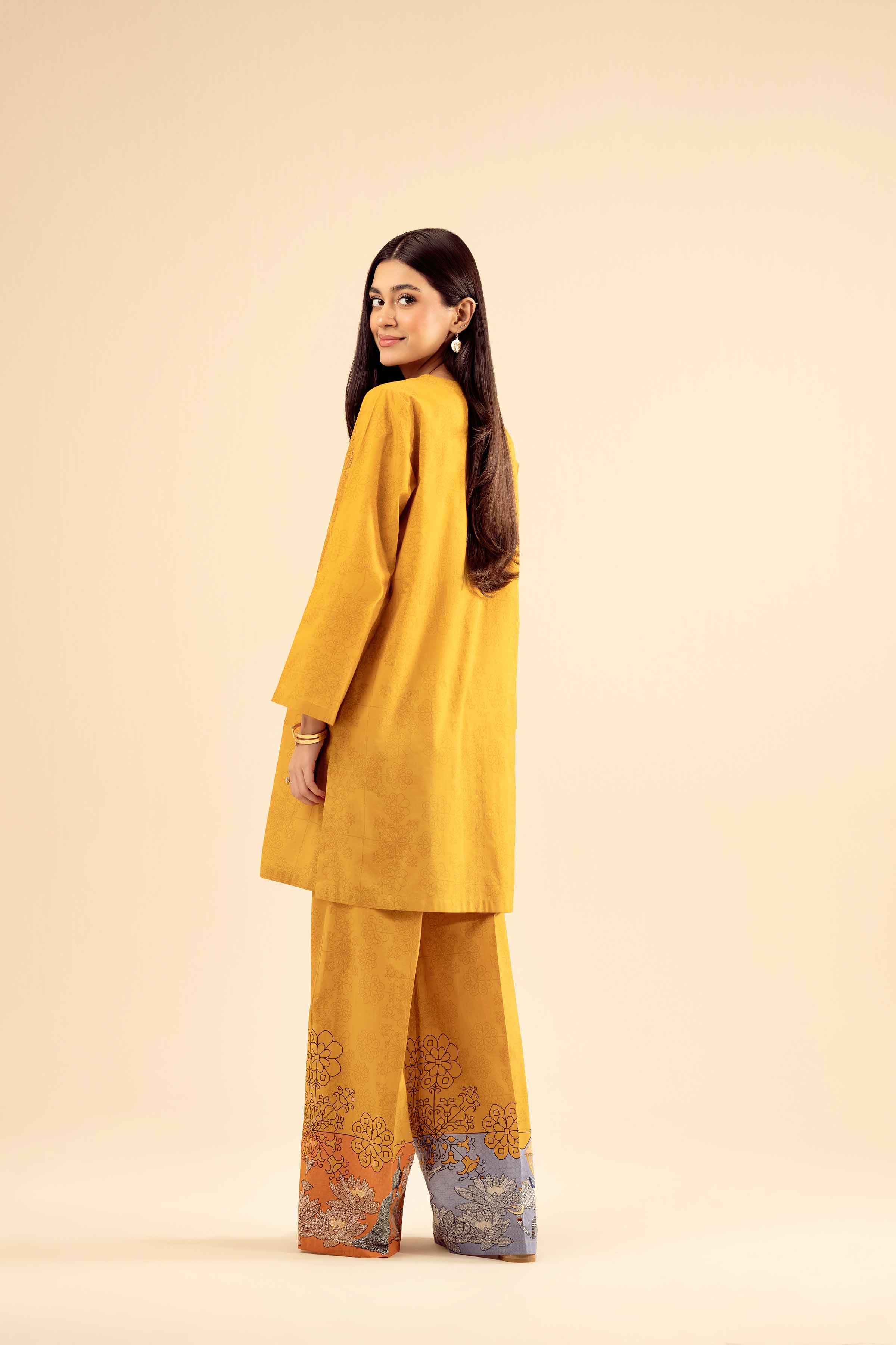 2 Piece - Printed Embroidered Suit - PW25-67 READY TO WEAR Yellow Cambric 2PC Embroidered
