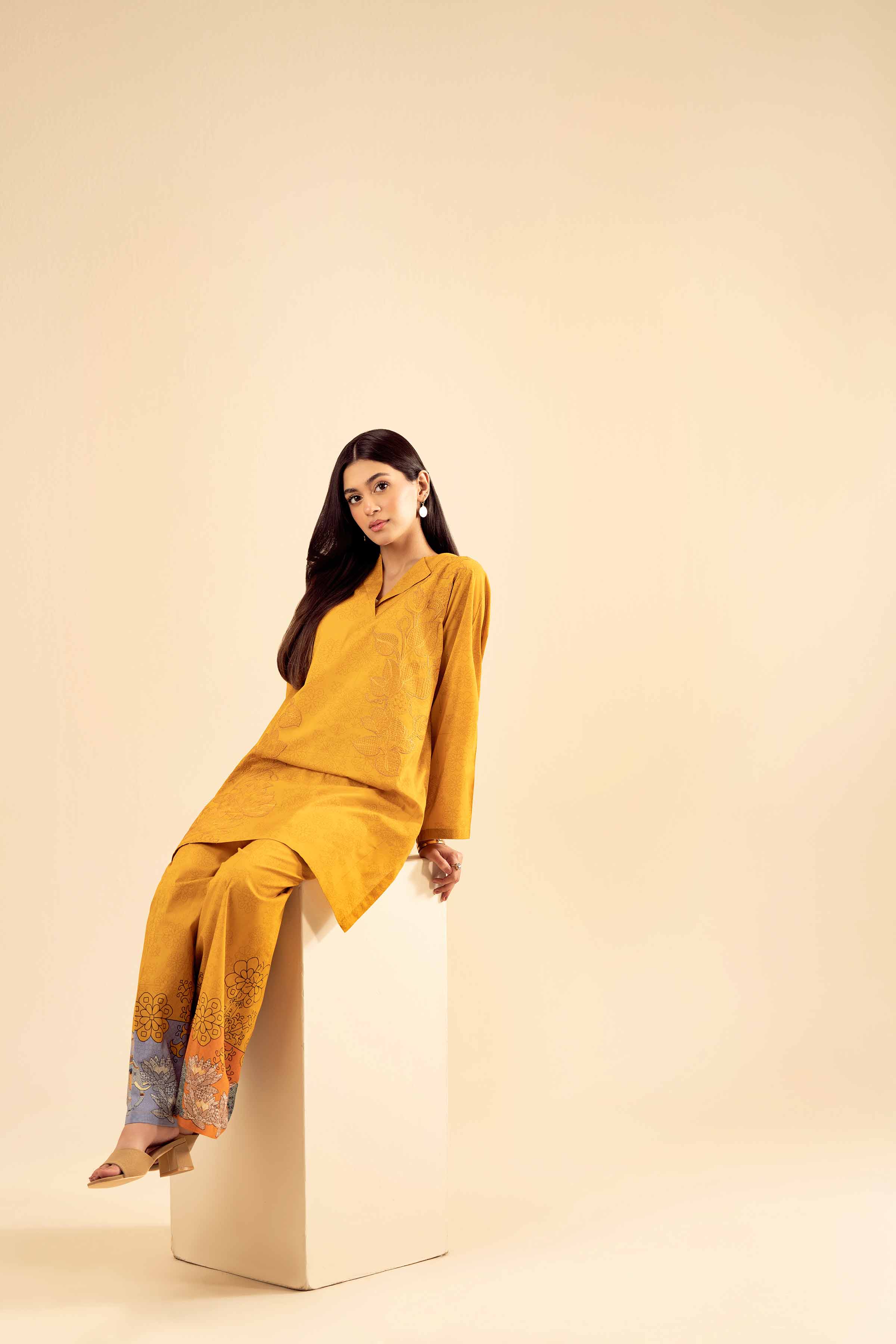 2 Piece - Printed Embroidered Suit - PW25-67 READY TO WEAR Yellow Cambric 2PC Embroidered