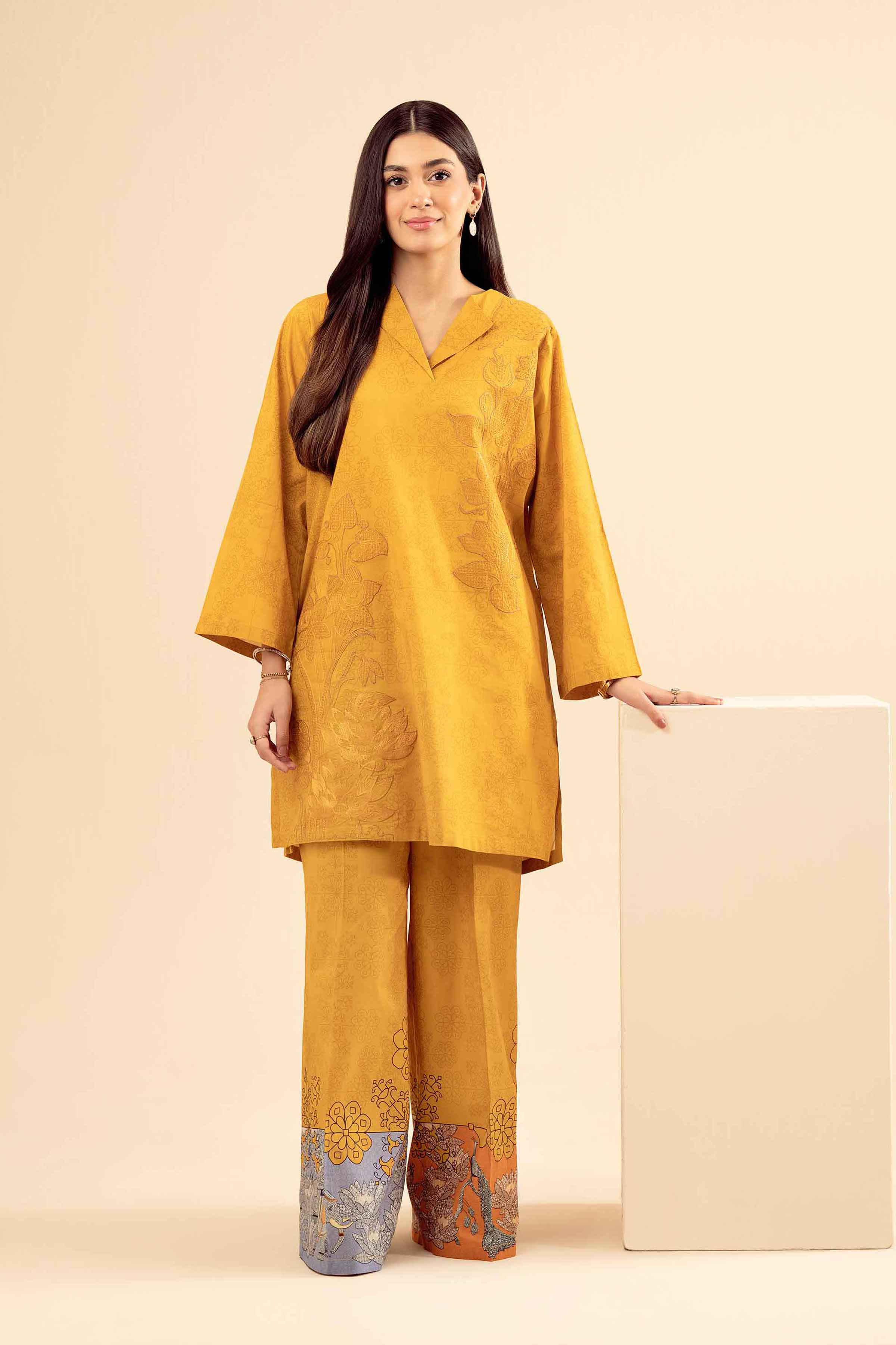 2 Piece - Printed Embroidered Suit - PW25-67 READY TO WEAR Yellow Cambric 2PC Embroidered
