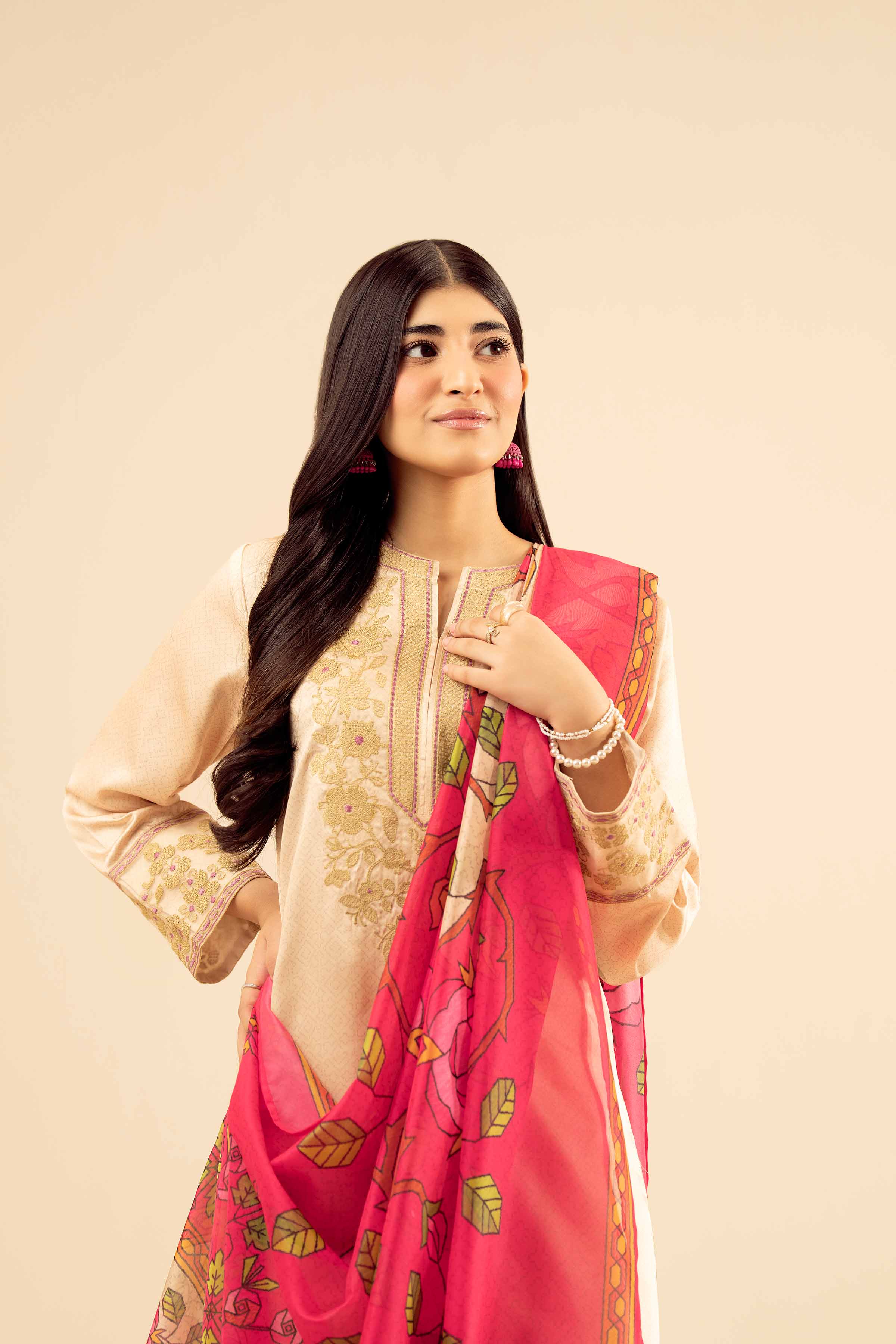 3 Piece - Printed Embroidered Suit - PW25-68 READY TO WEAR Yellow Silk 3PC Embroidered