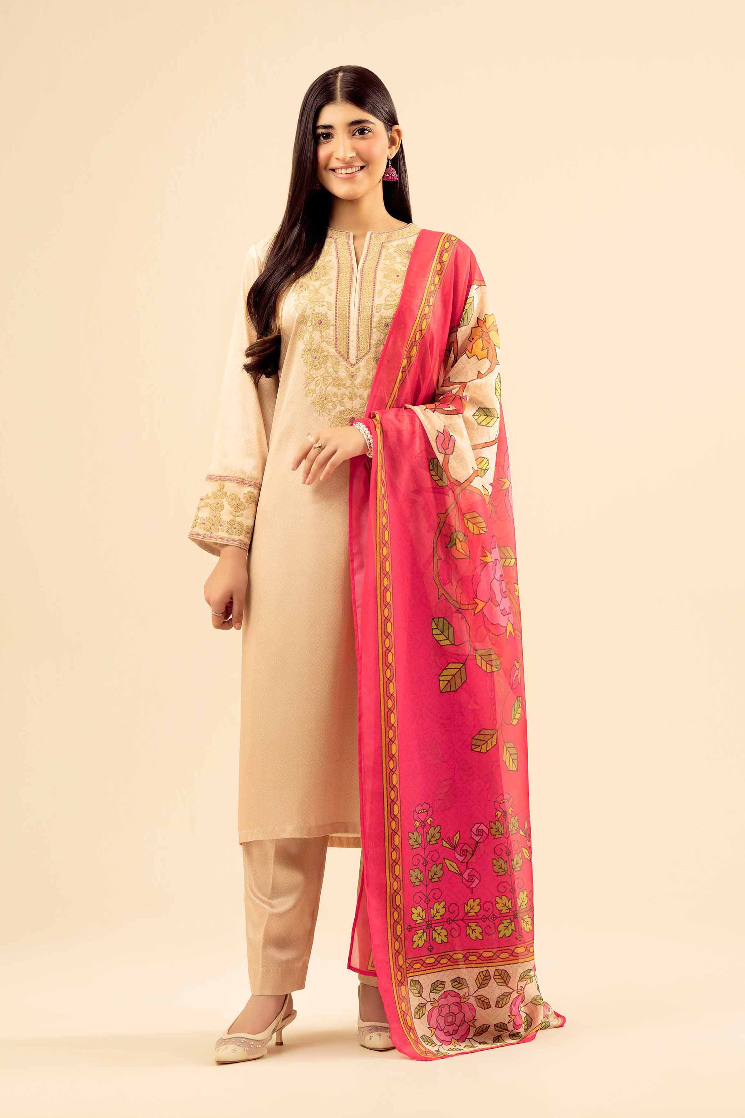 3 Piece - Printed Embroidered Suit - PW25-68 READY TO WEAR Yellow Silk 3PC Embroidered