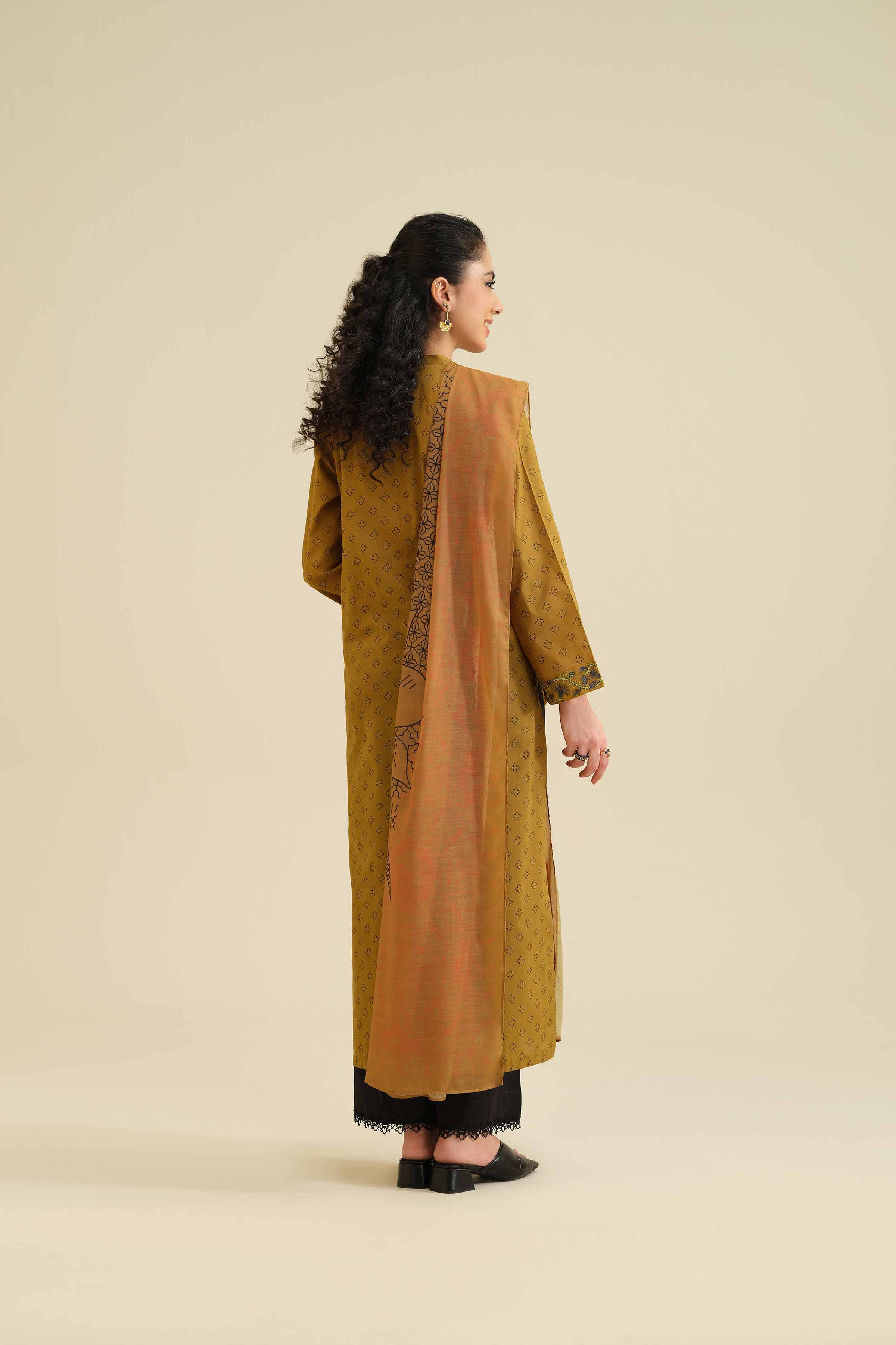 2 Piece - Printed Embroidered Suit - PW25-72 READY TO WEAR Brown Cambric 2PC Embroidered