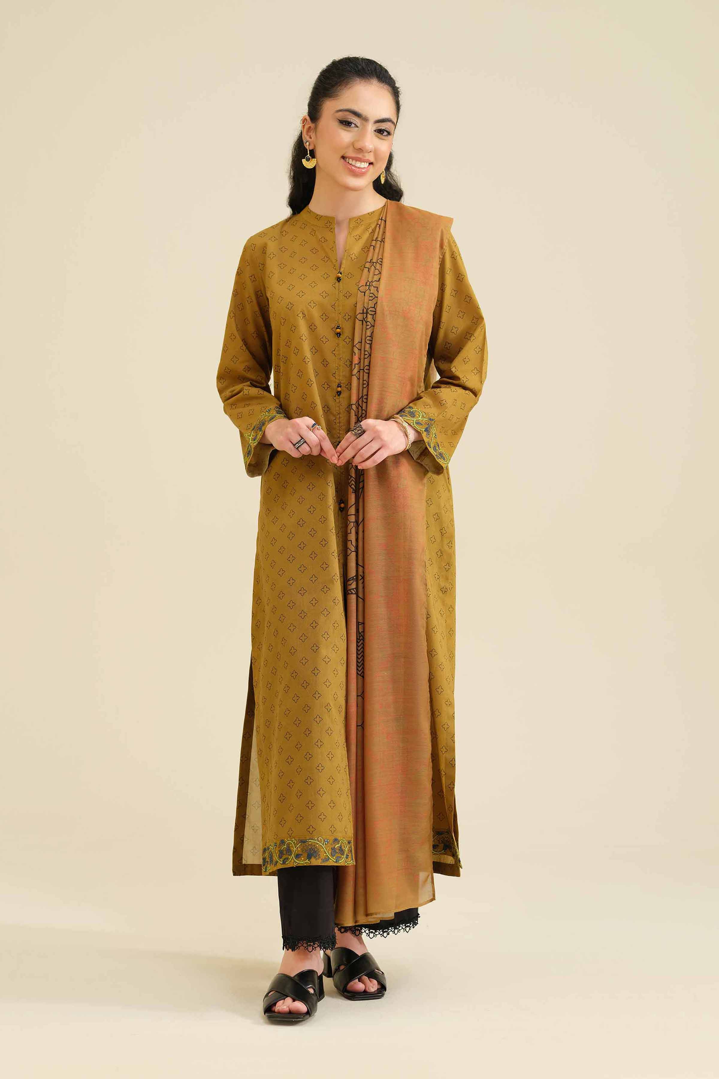 2 Piece - Printed Embroidered Suit - PW25-72 READY TO WEAR Brown Cambric 2PC Embroidered
