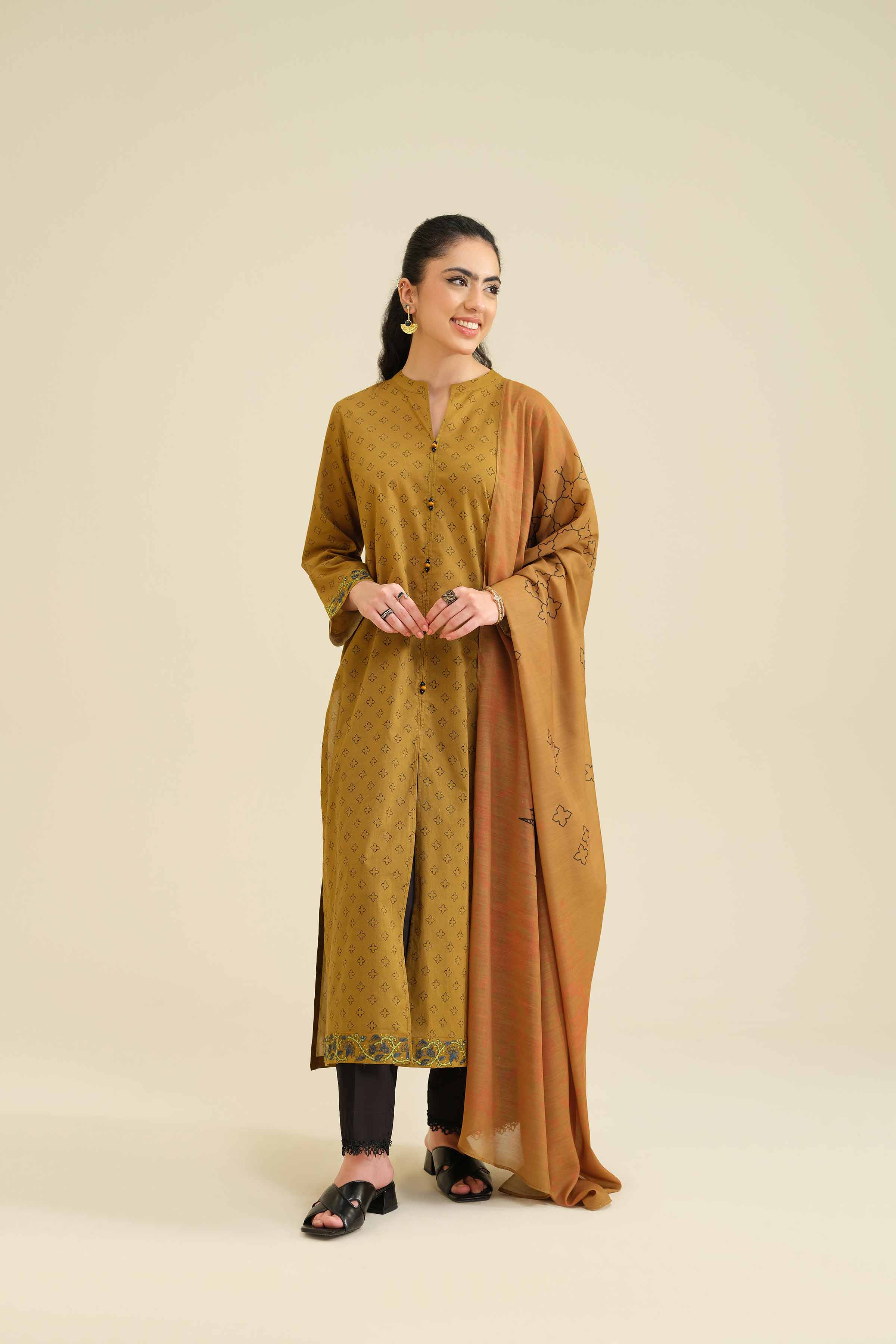 2 Piece - Printed Embroidered Suit - PW25-72 READY TO WEAR Brown Cambric 2PC Embroidered