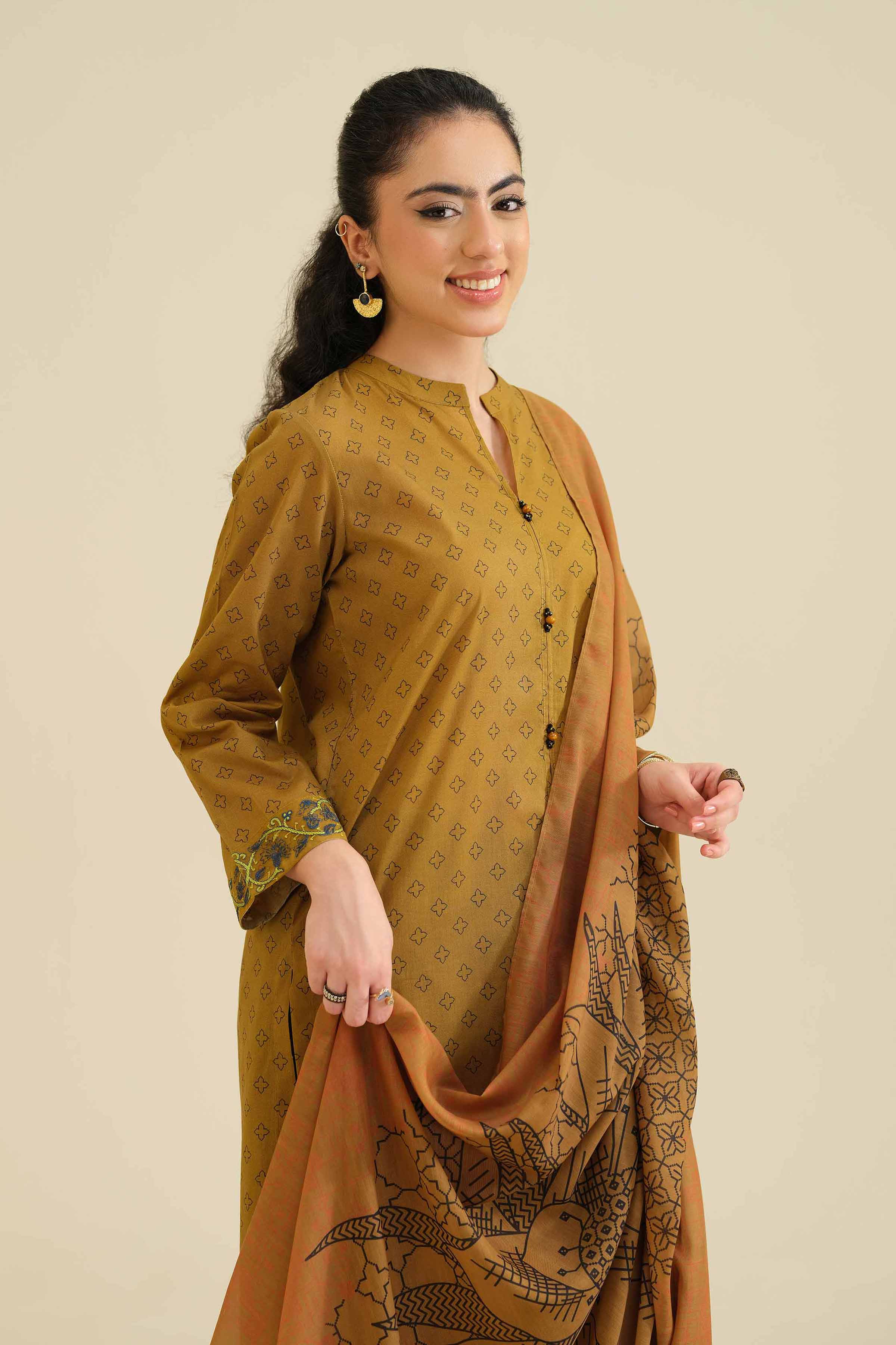 2 Piece - Printed Embroidered Suit - PW25-72 READY TO WEAR Brown Cambric 2PC Embroidered