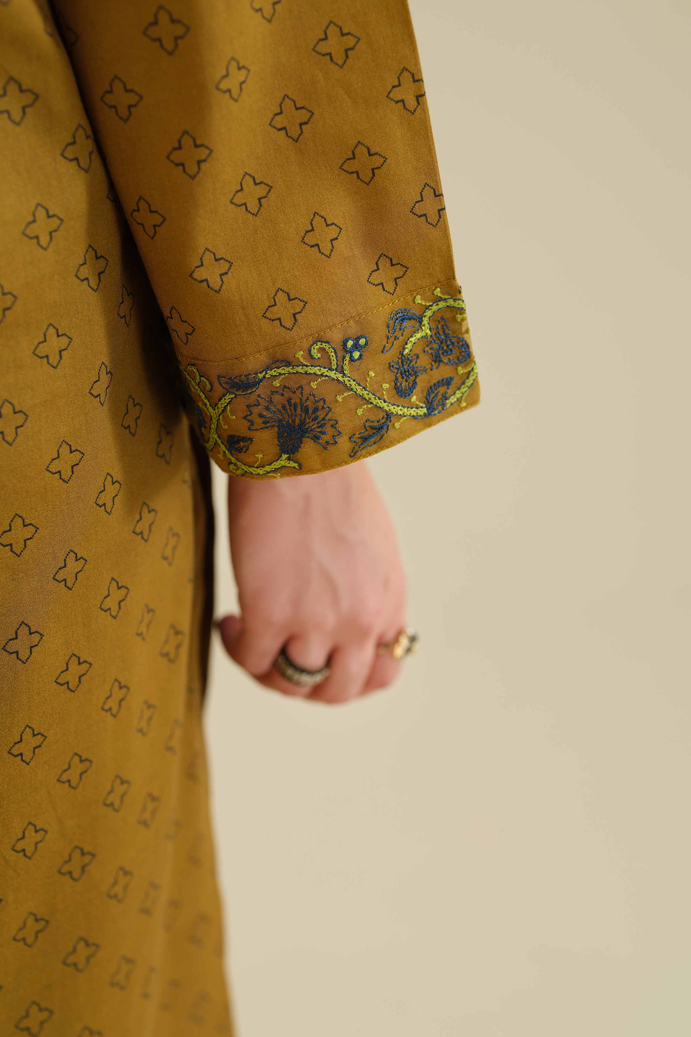 2 Piece - Printed Embroidered Suit - PW25-72 READY TO WEAR Brown Cambric 2PC Embroidered