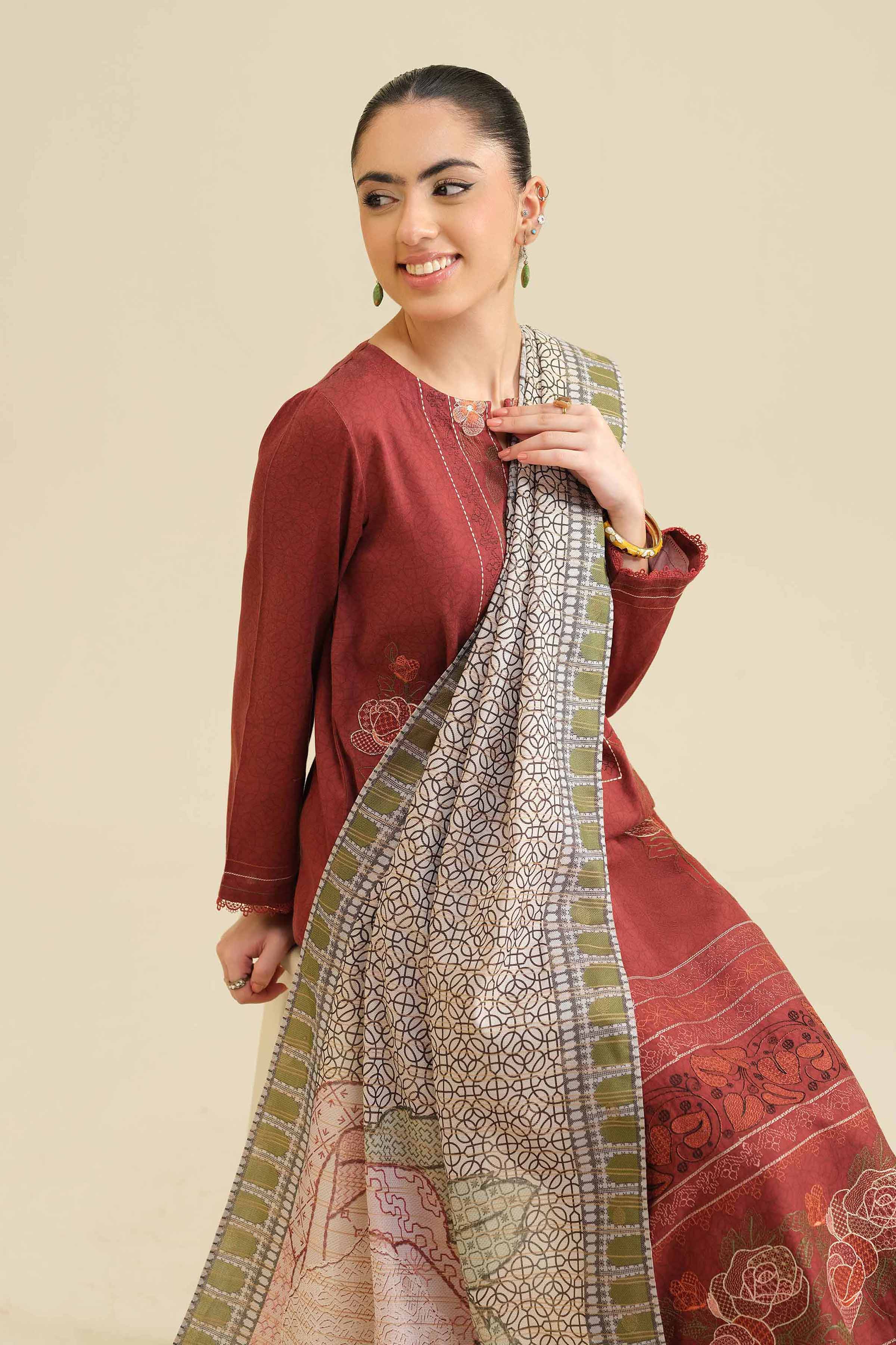 2 Piece - Printed Embroidered Suit - PW25-74 READY TO WEAR Maroon Sateen 2PC  Embroidered