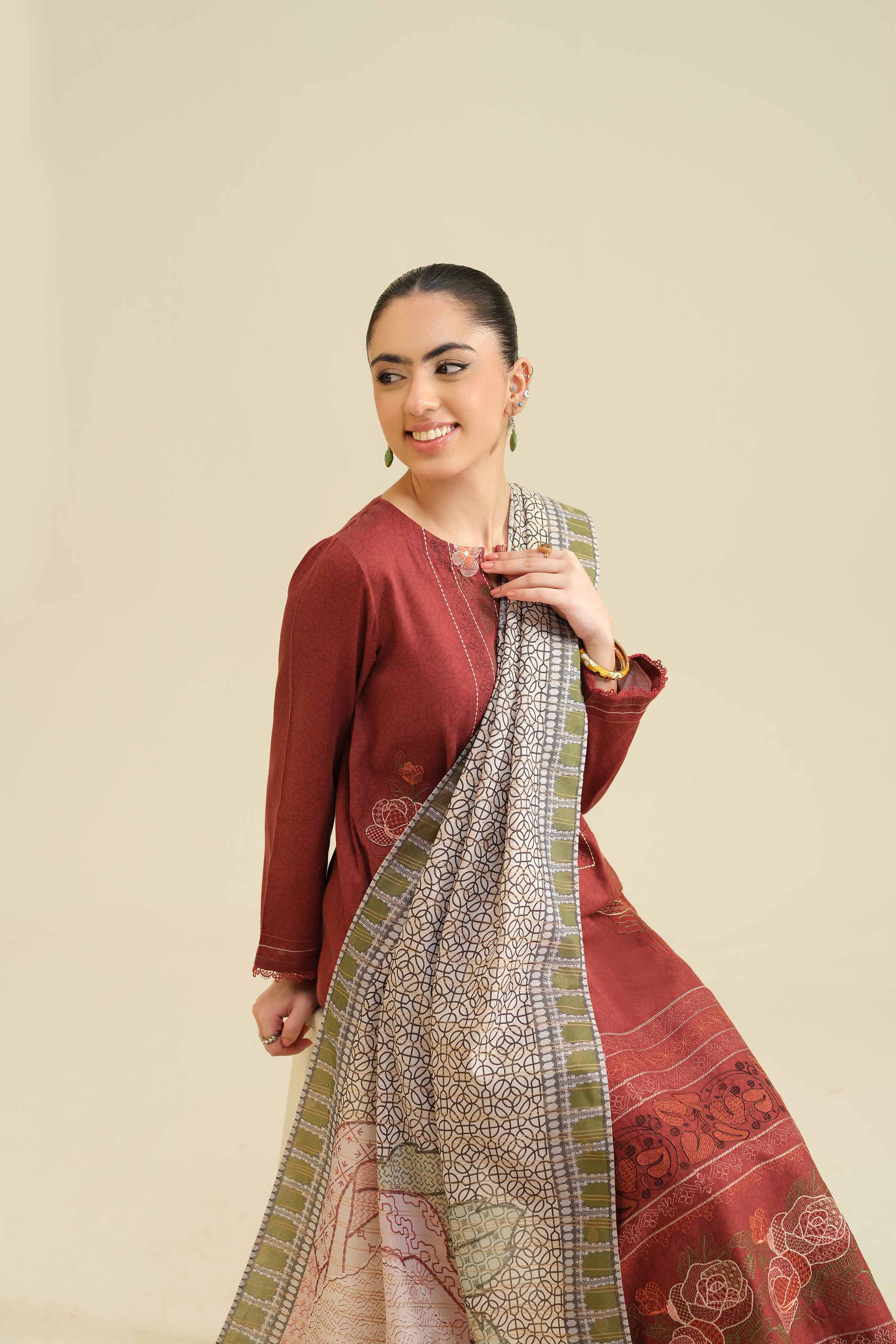 2 Piece - Printed Embroidered Suit - PW25-74 READY TO WEAR Maroon Sateen 2PC  Embroidered