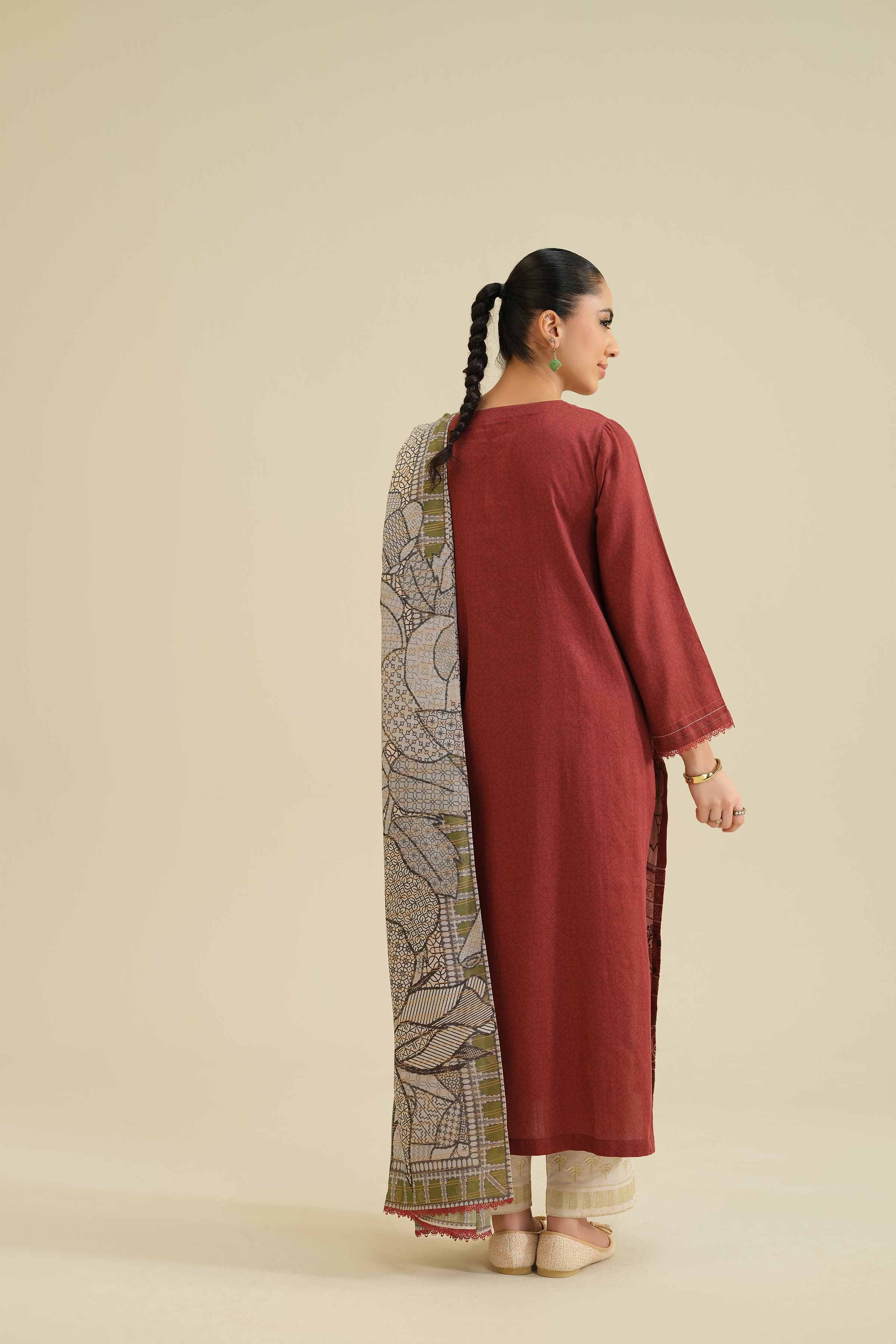 2 Piece - Printed Embroidered Suit - PW25-74 READY TO WEAR Maroon Sateen 2PC  Embroidered
