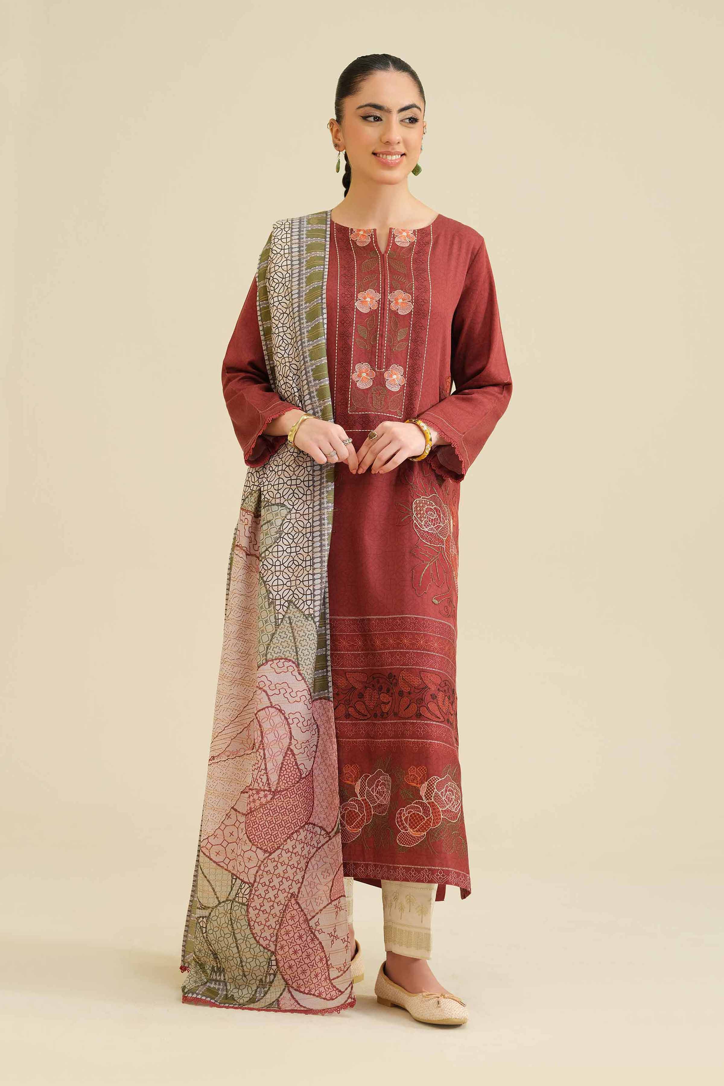 2 Piece - Printed Embroidered Suit - PW25-74 READY TO WEAR Maroon Sateen 2PC  Embroidered