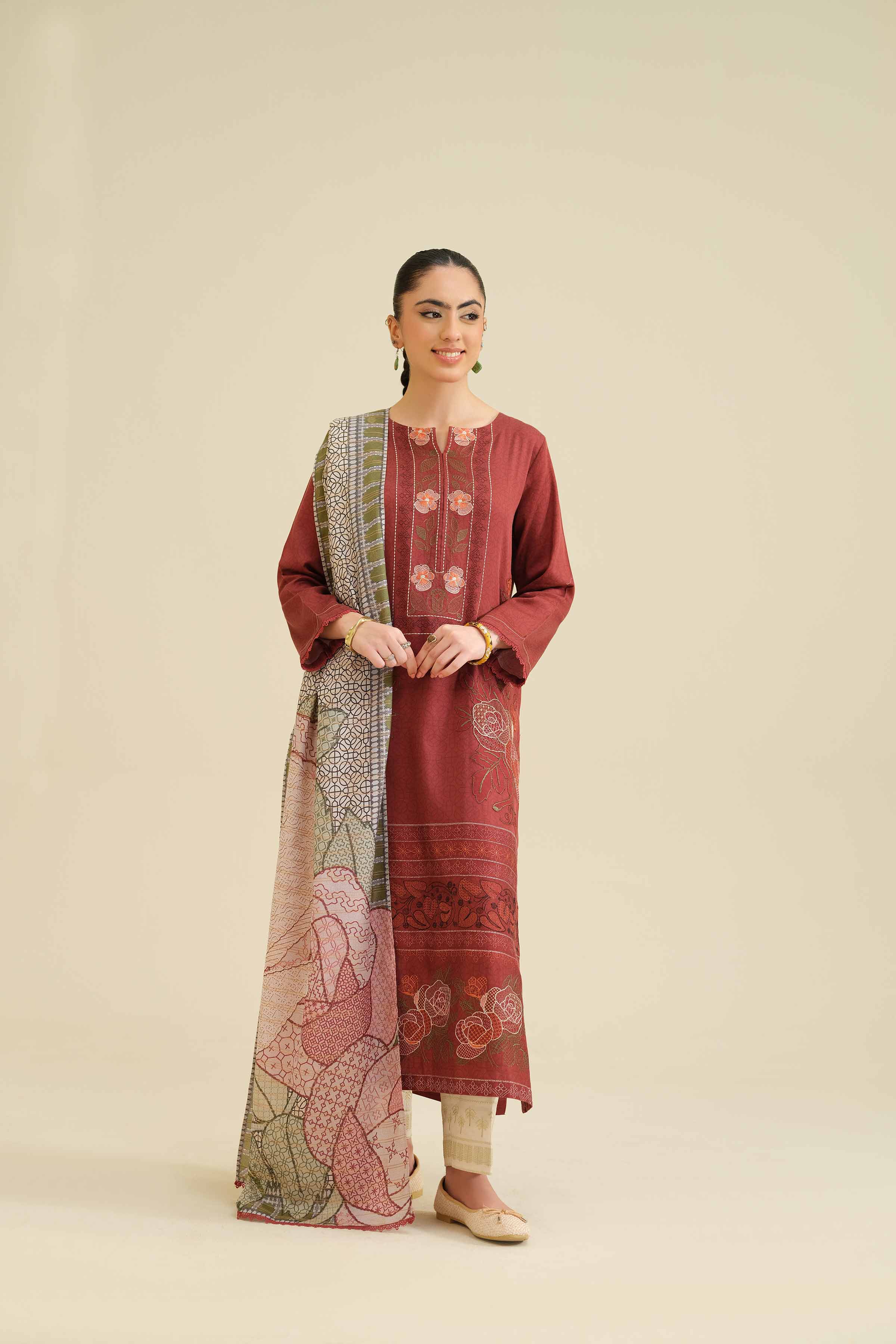 2 Piece - Printed Embroidered Suit - PW25-74 READY TO WEAR Maroon Sateen 2PC  Embroidered