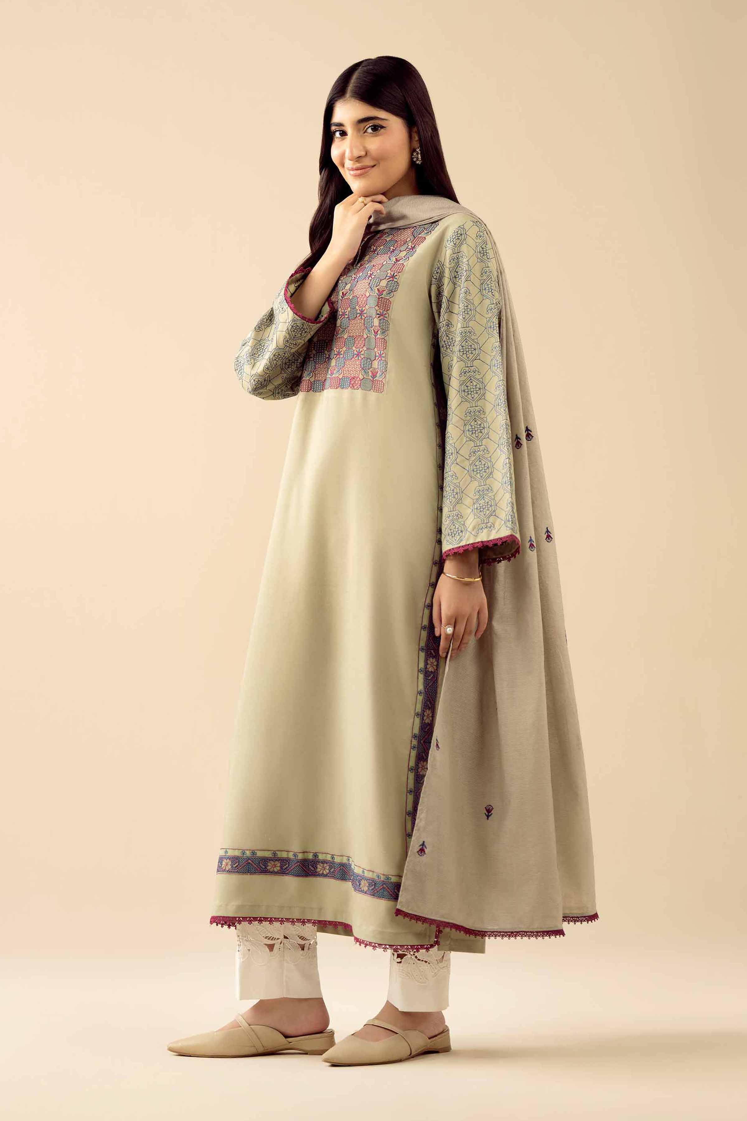 2 Piece - Embroidered Suit - PW25-77 READY TO WEAR Green Viscose 2PC Embroidered