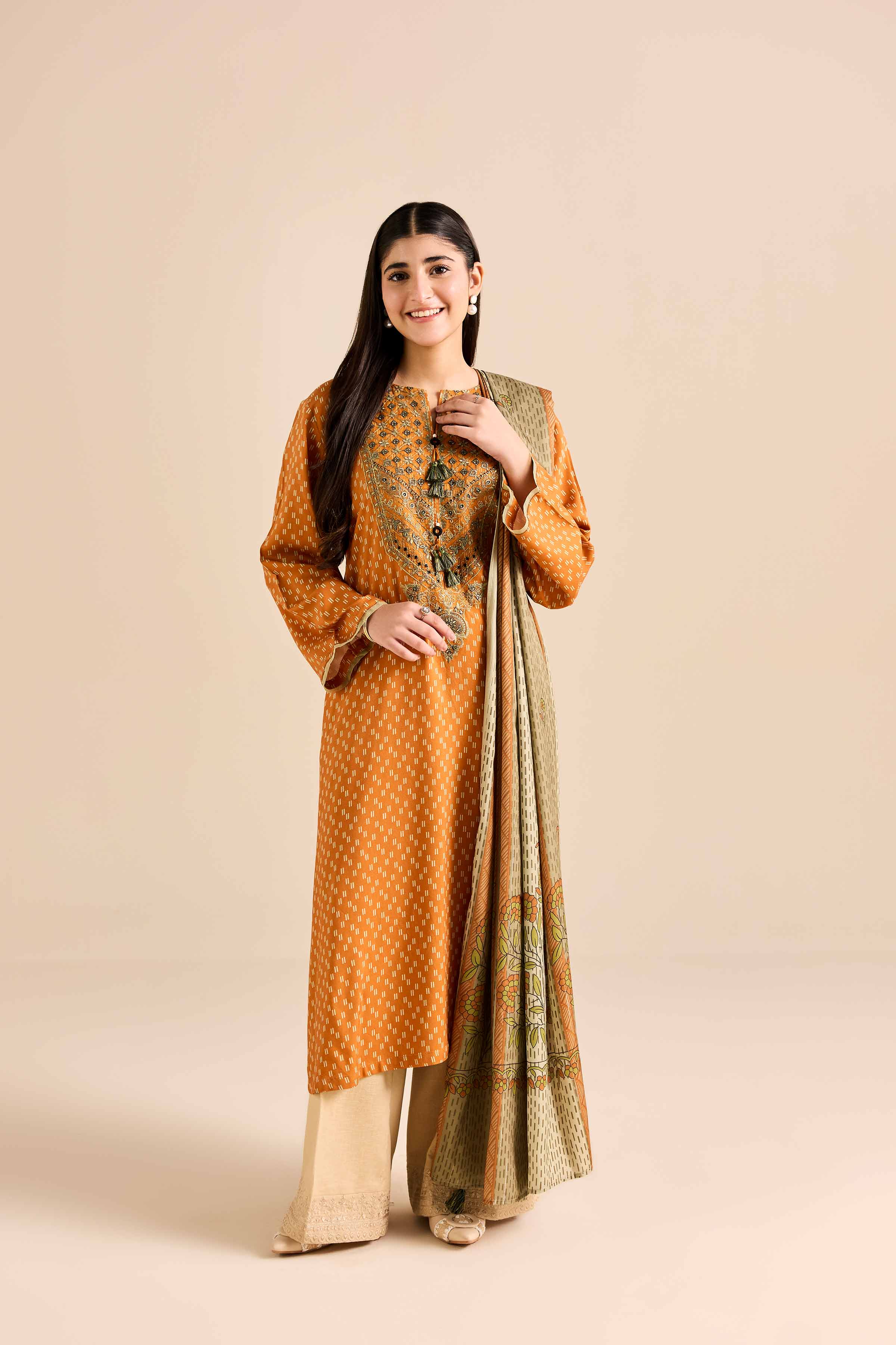 2 Piece - Printed Embroidered Suit - PW25-78 READY TO WEAR Orange Marina 2PC Embroidered