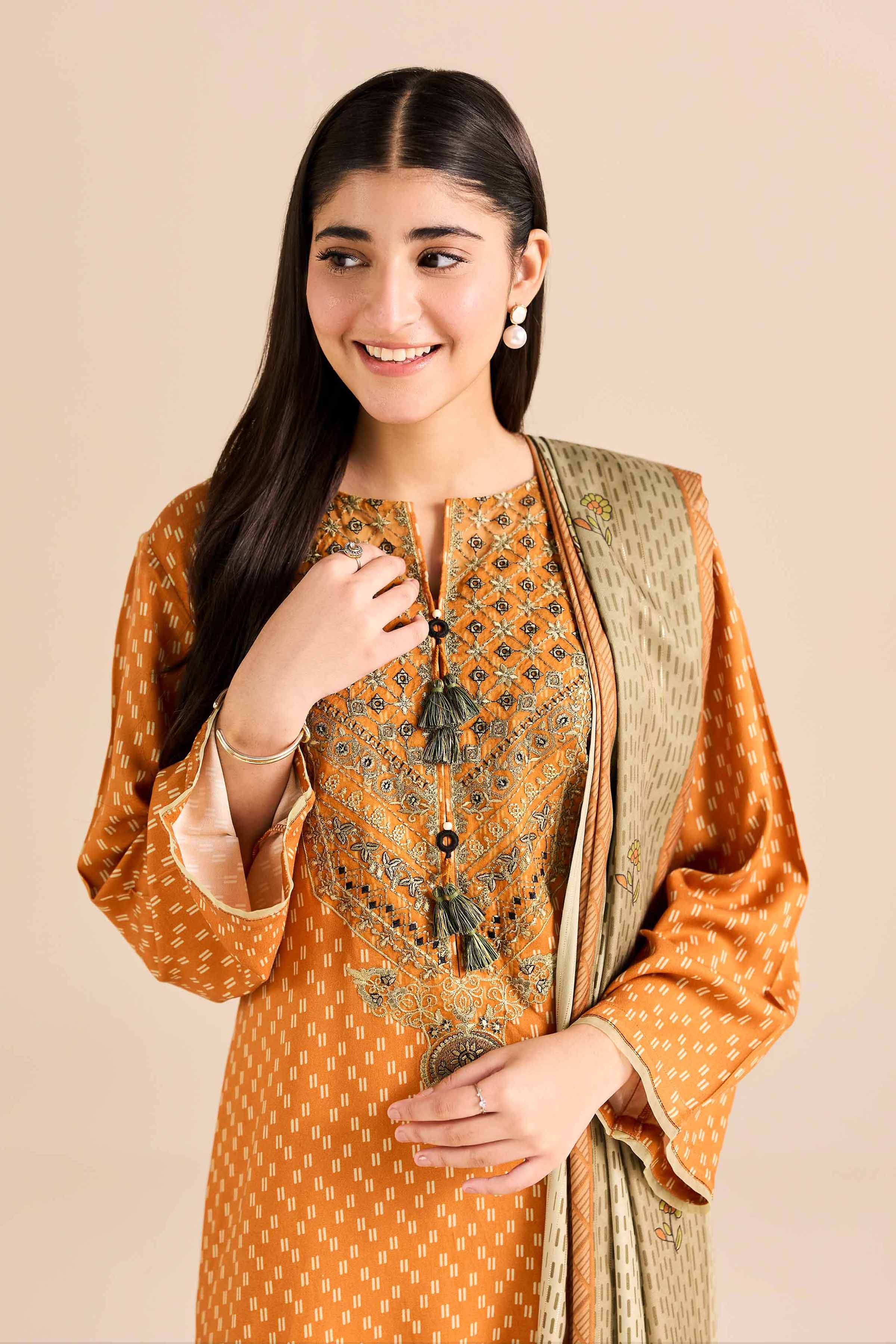 2 Piece - Printed Embroidered Suit - PW25-78 READY TO WEAR Orange Marina 2PC Embroidered