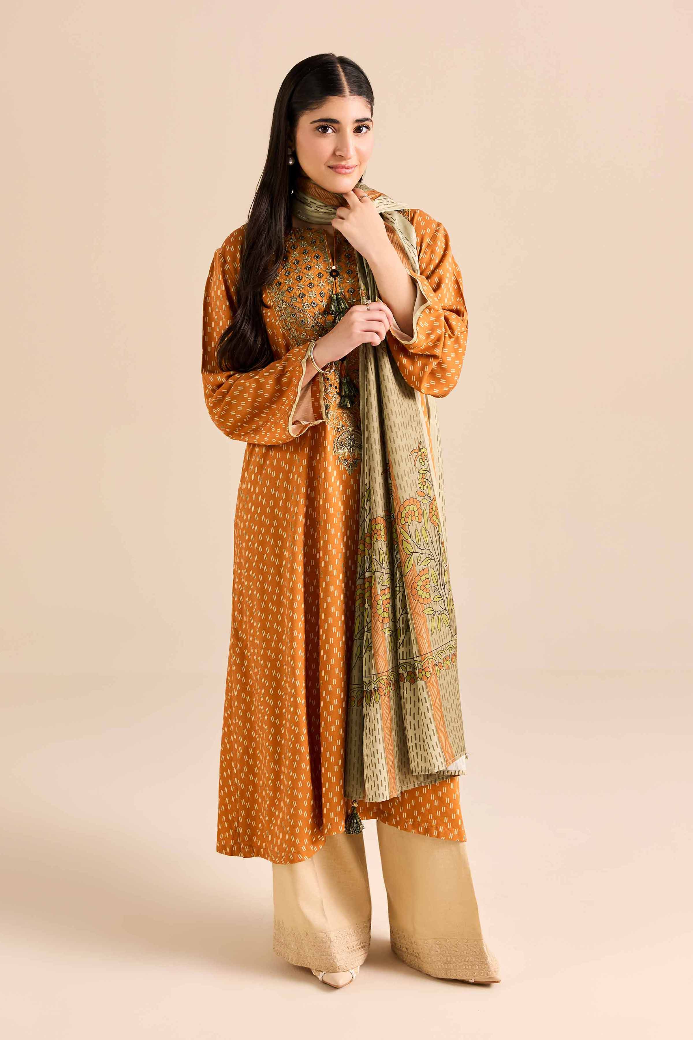 2 Piece - Printed Embroidered Suit - PW25-78 READY TO WEAR Orange Marina 2PC Embroidered