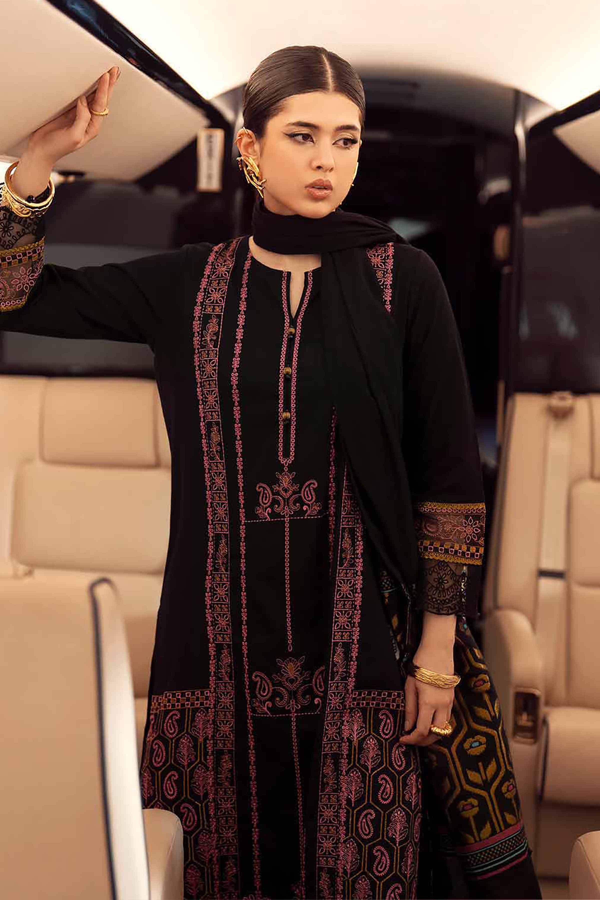 3 Piece - Embroidered Suit - PW25-87 READY TO WEAR Black Karandi 3PC Embroidered