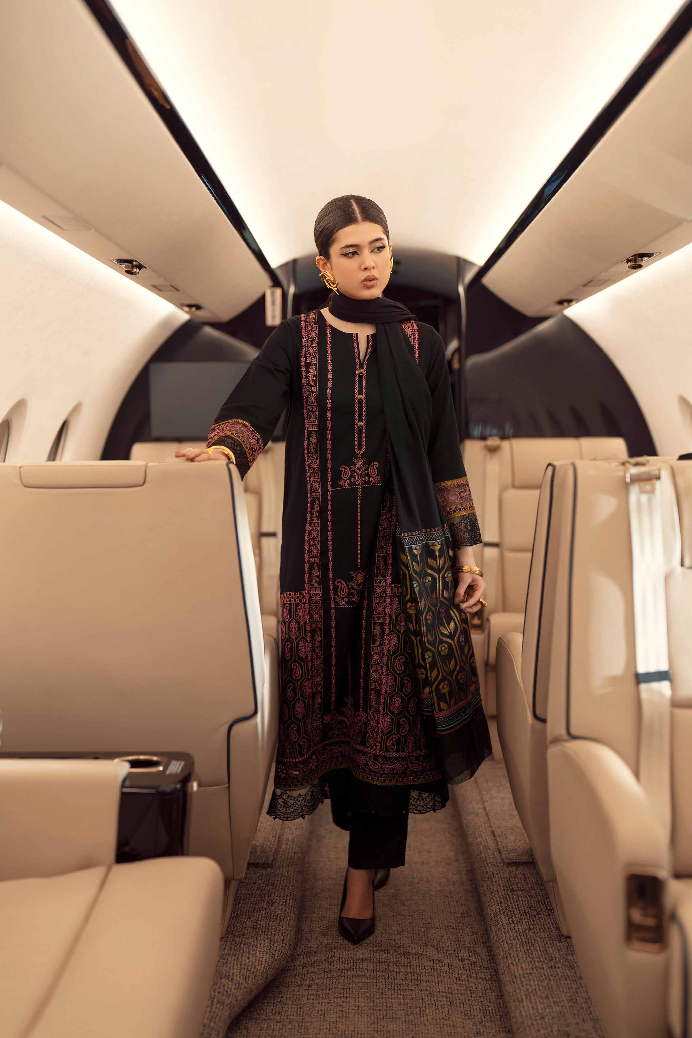 3 Piece - Embroidered Suit - PW25-87 READY TO WEAR Black Karandi 3PC Embroidered