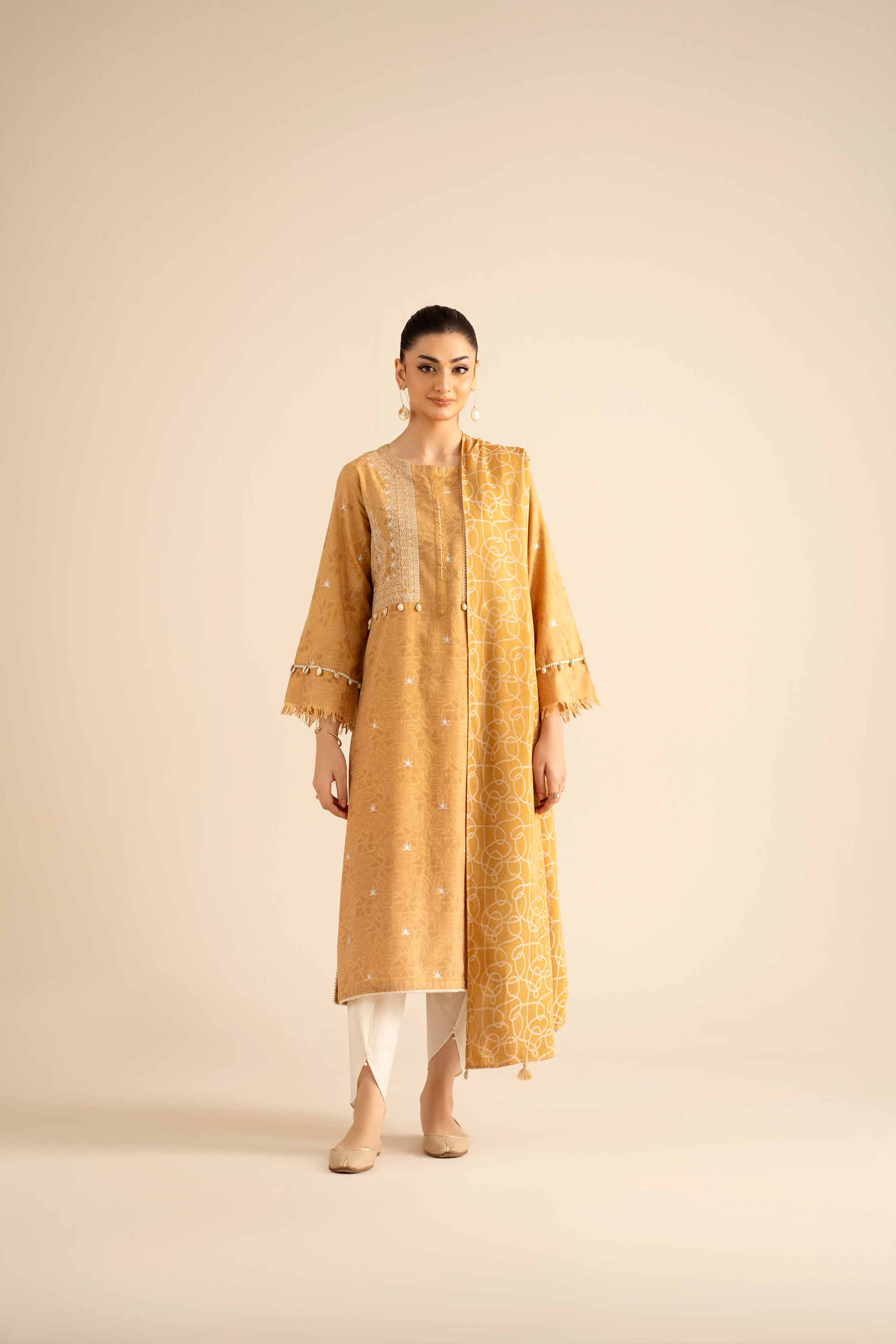 2 Piece - Embroidered Suit - PW25-92 READY TO WEAR Yellow Jacquard 2PC Embroidered