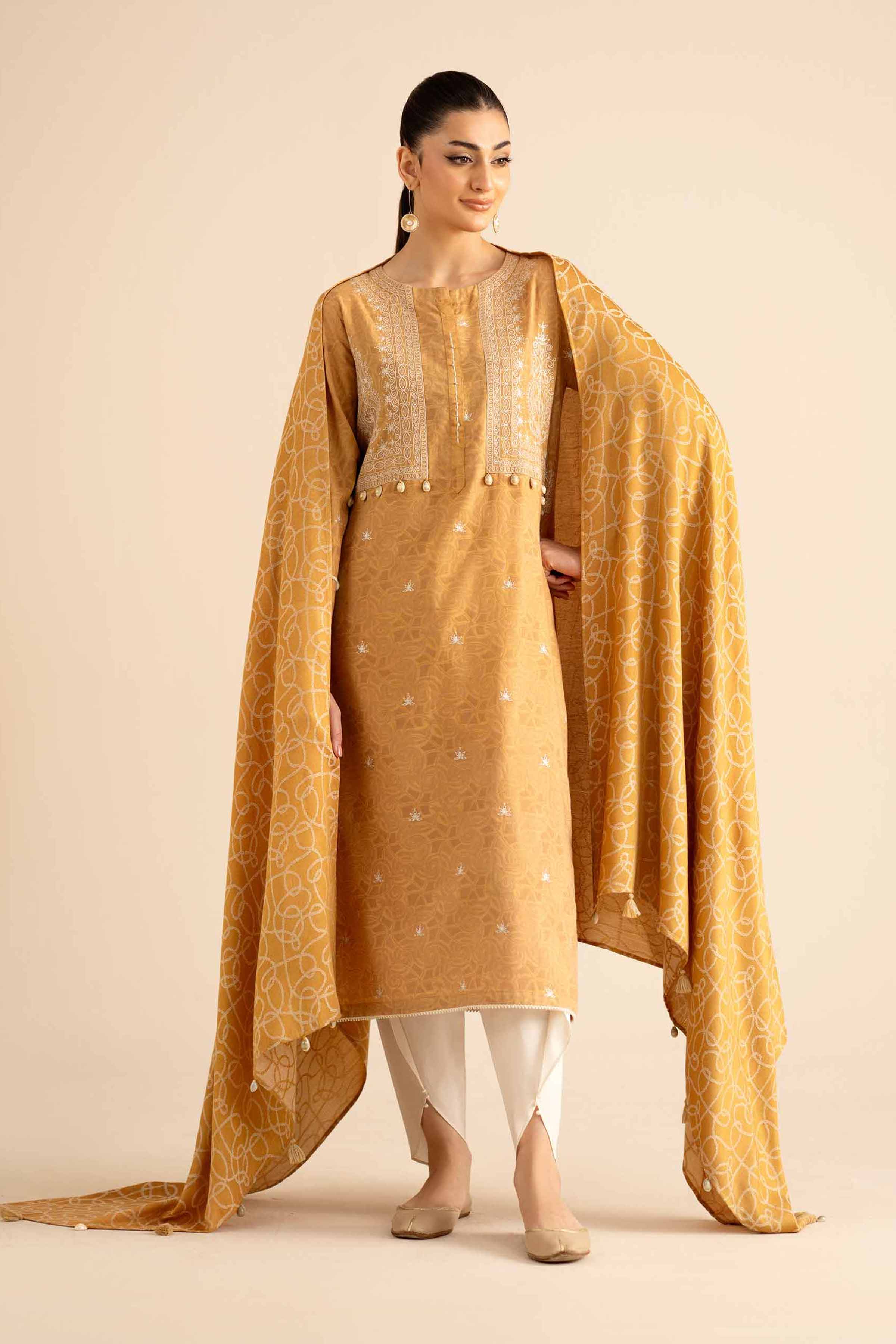 2 Piece - Embroidered Suit - PW25-92 READY TO WEAR Yellow Jacquard 2PC Embroidered
