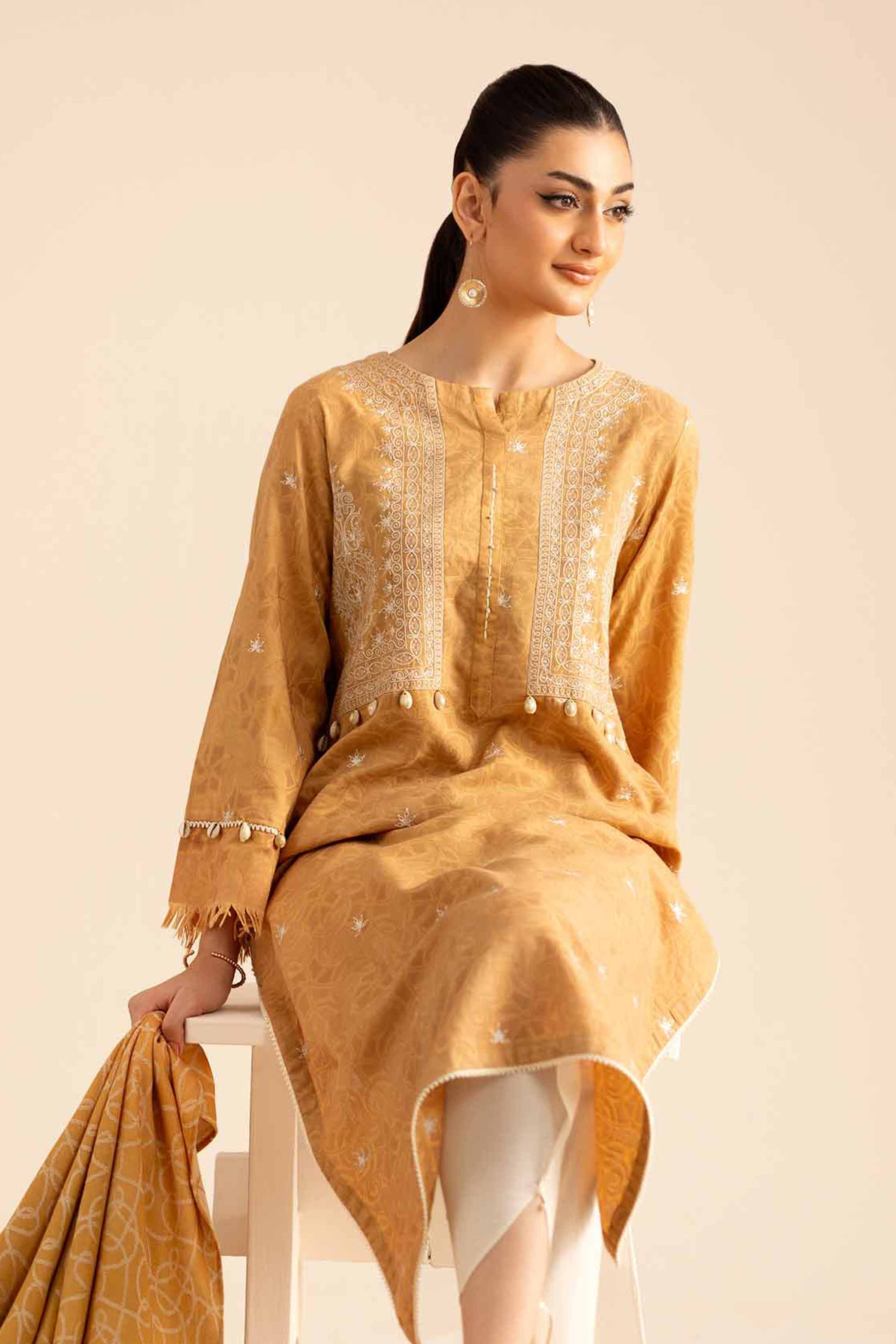 2 Piece - Embroidered Suit - PW25-92 READY TO WEAR Yellow Jacquard 2PC Embroidered