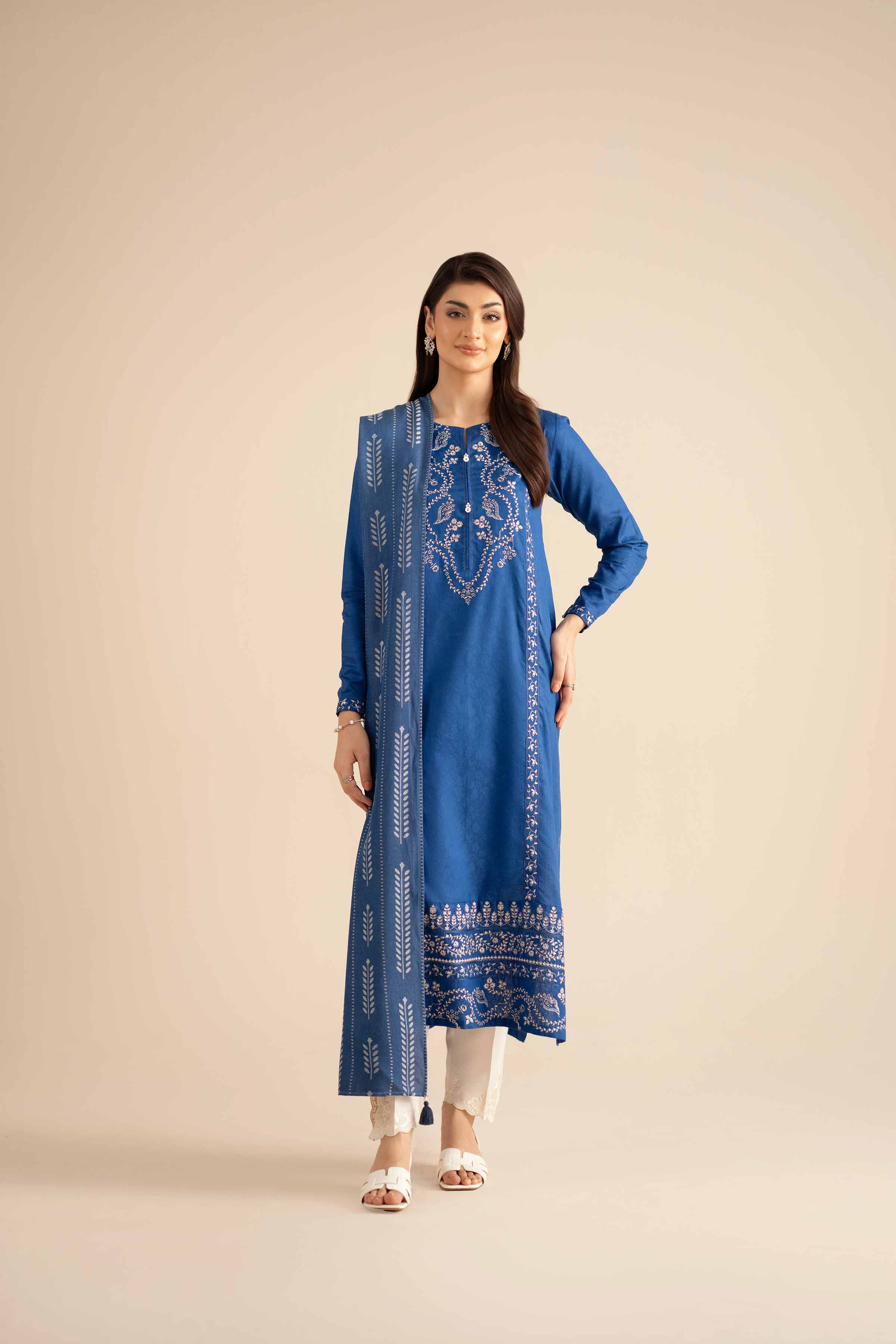 2 Piece - Embroidered Suit - PW25-94 READY TO WEAR Blue Jacquard 2PC Embroidered