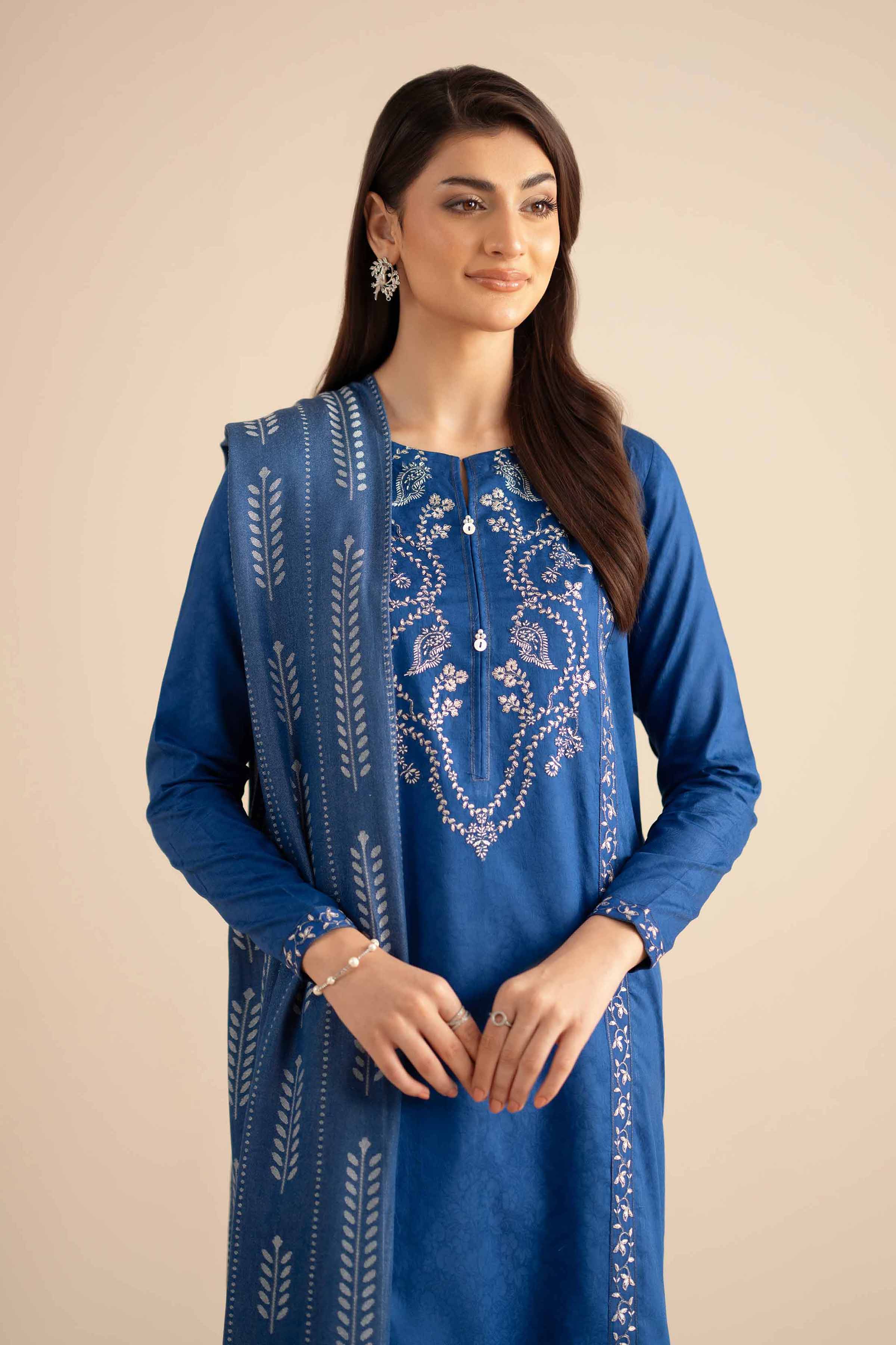 2 Piece - Embroidered Suit - PW25-94 READY TO WEAR Blue Jacquard 2PC Embroidered