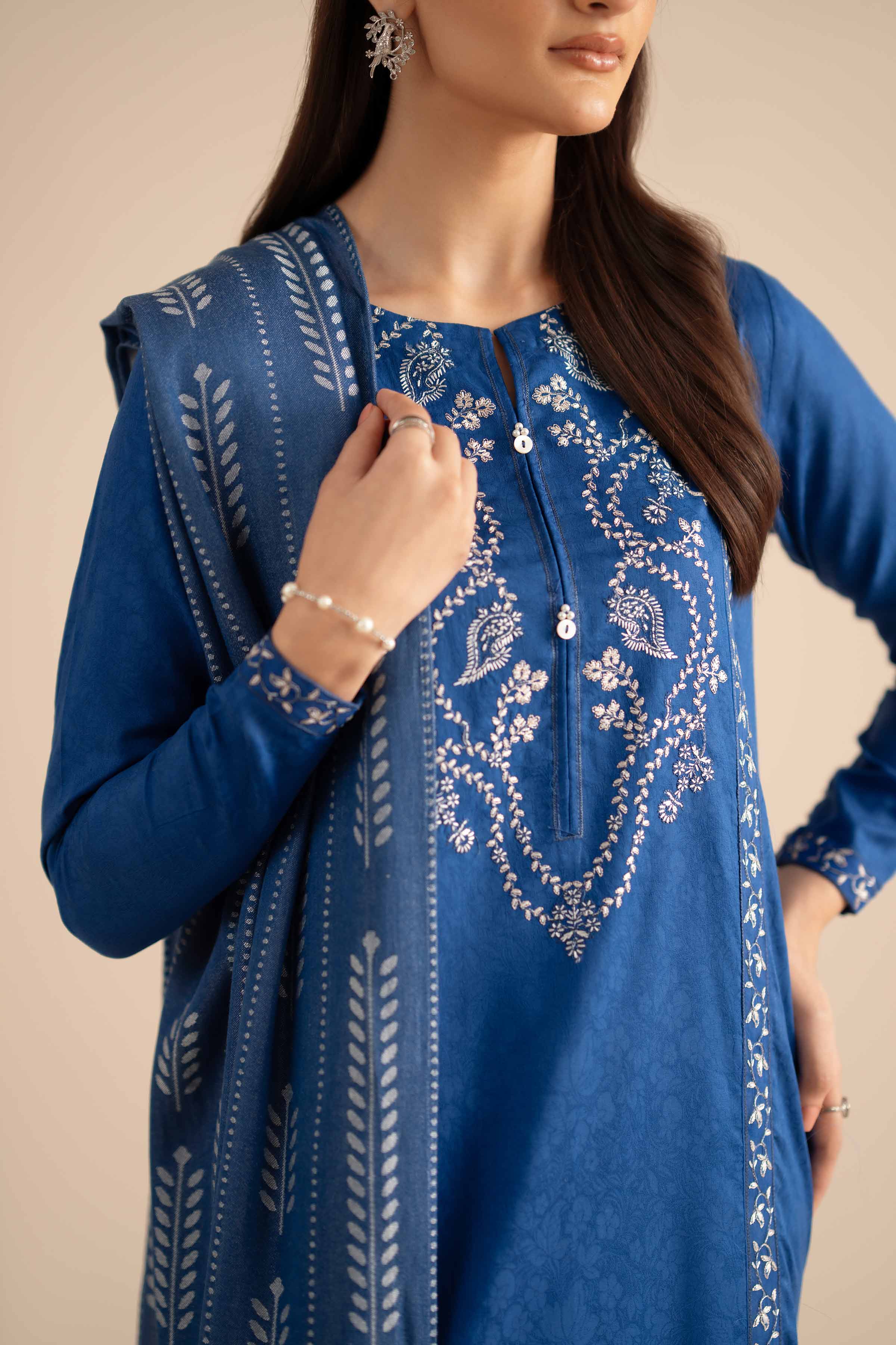 2 Piece - Embroidered Suit - PW25-94 READY TO WEAR Blue Jacquard 2PC Embroidered