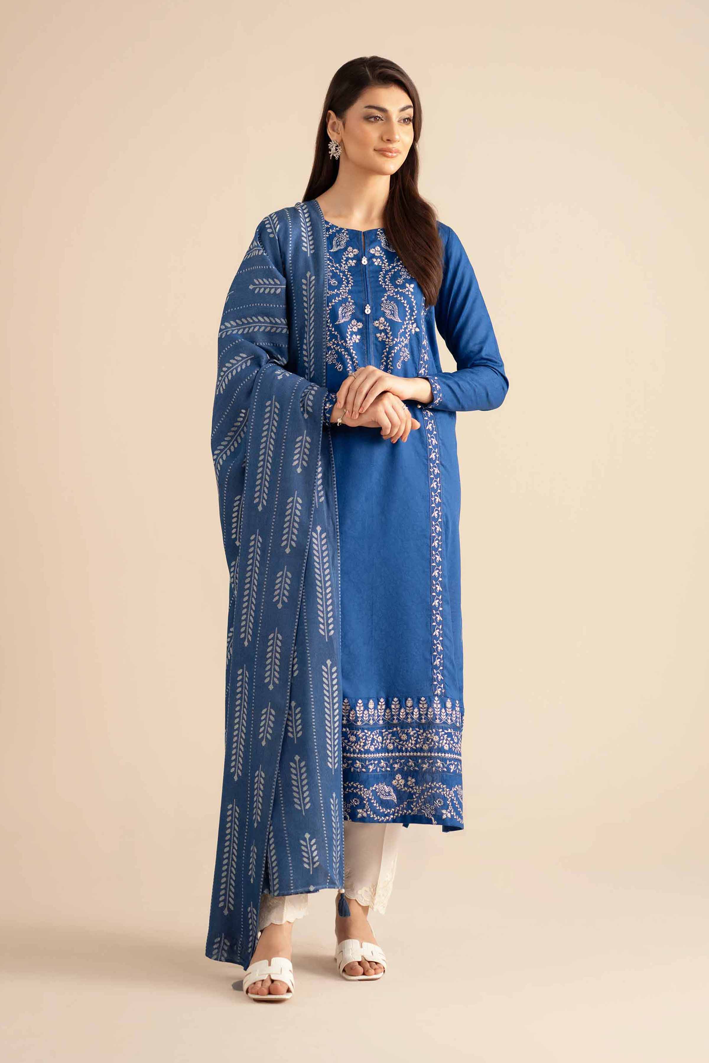 2 Piece - Embroidered Suit - PW25-94 READY TO WEAR Blue Jacquard 2PC Embroidered