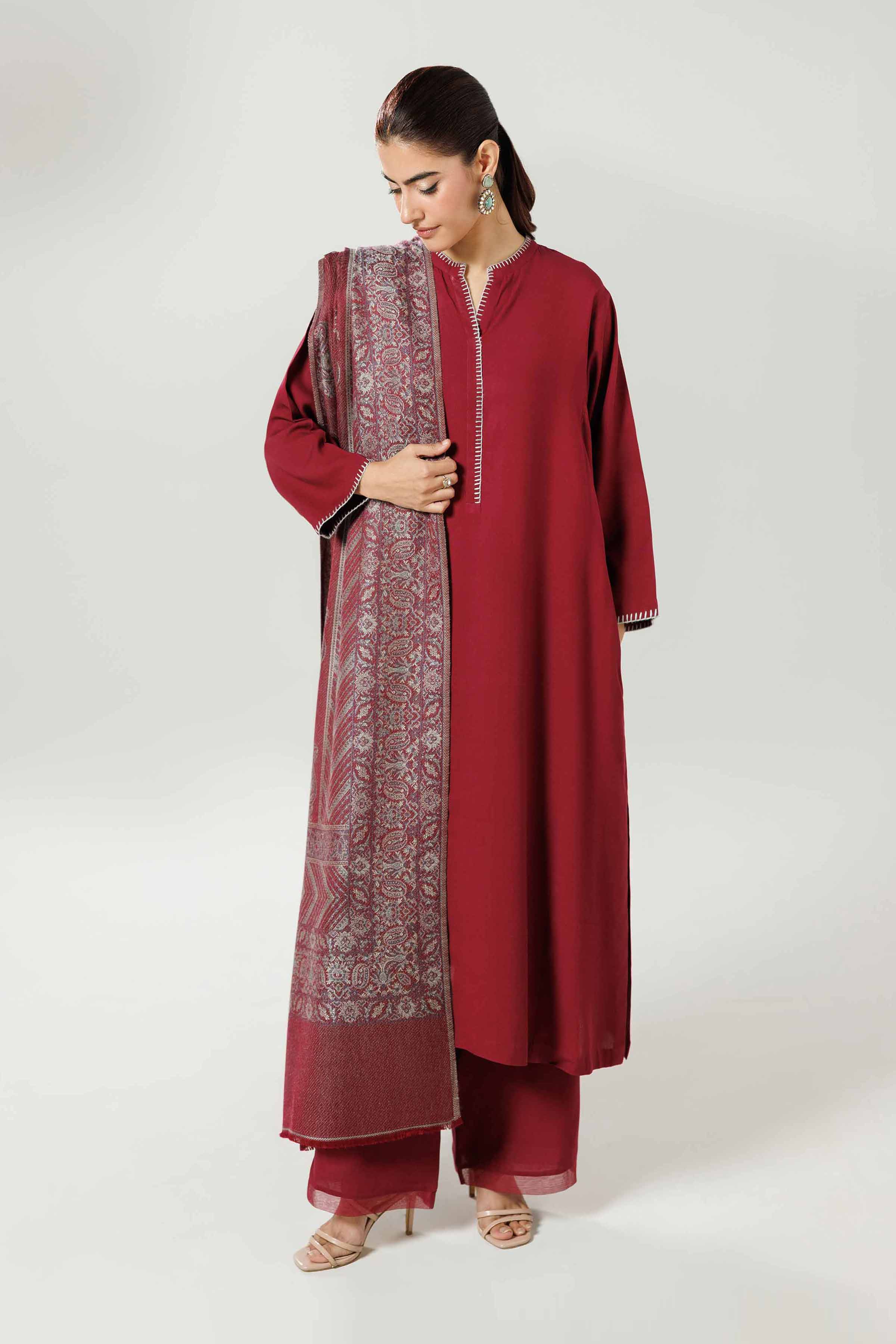 3 Piece - Basic Suit - KFW25-174 READY TO WEAR - LUXURY Maroon Linen 3PC Solids
