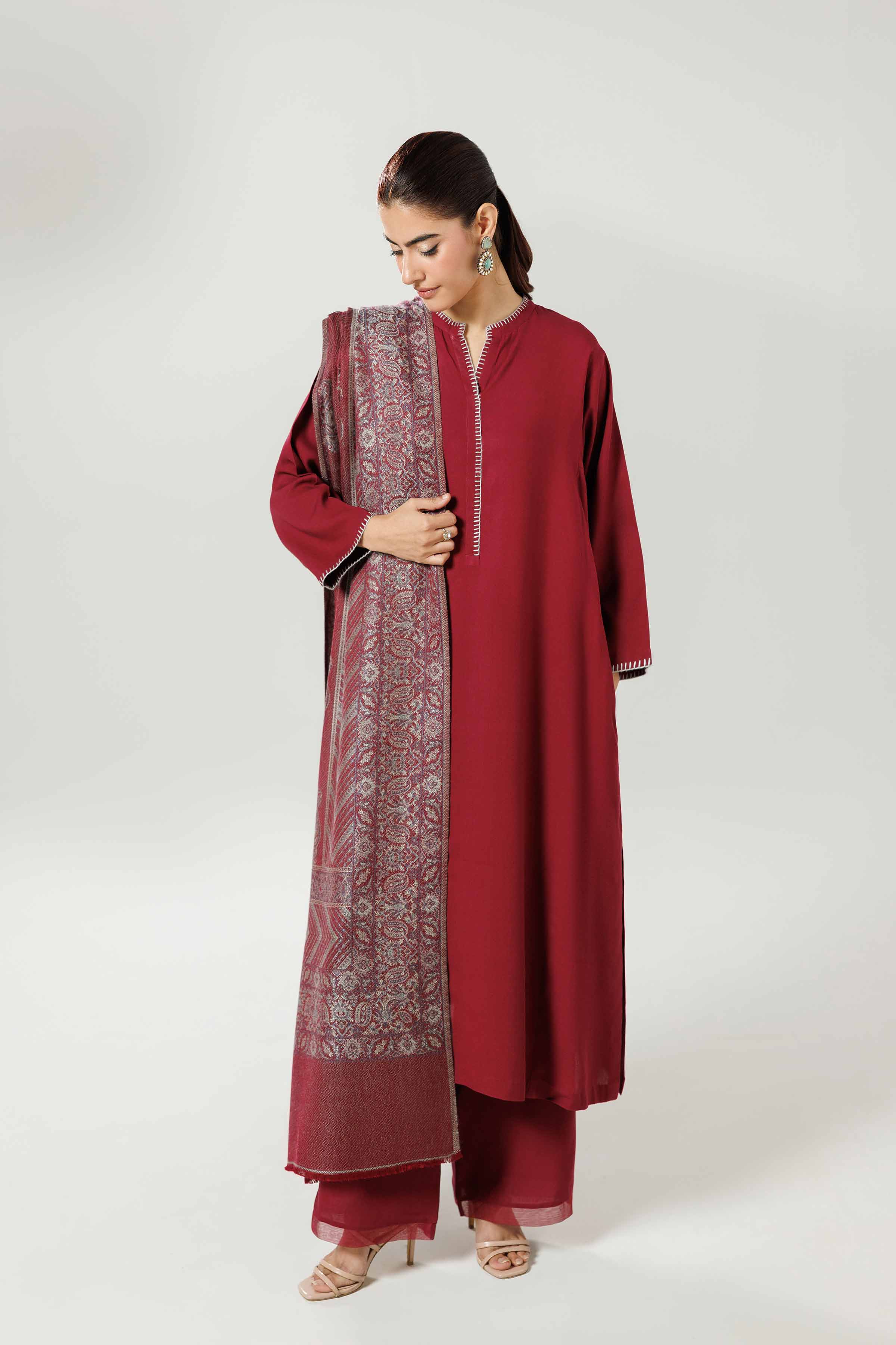 3 Piece - Basic Suit - KFW25-174 READY TO WEAR - LUXURY Maroon Linen 3PC Solids