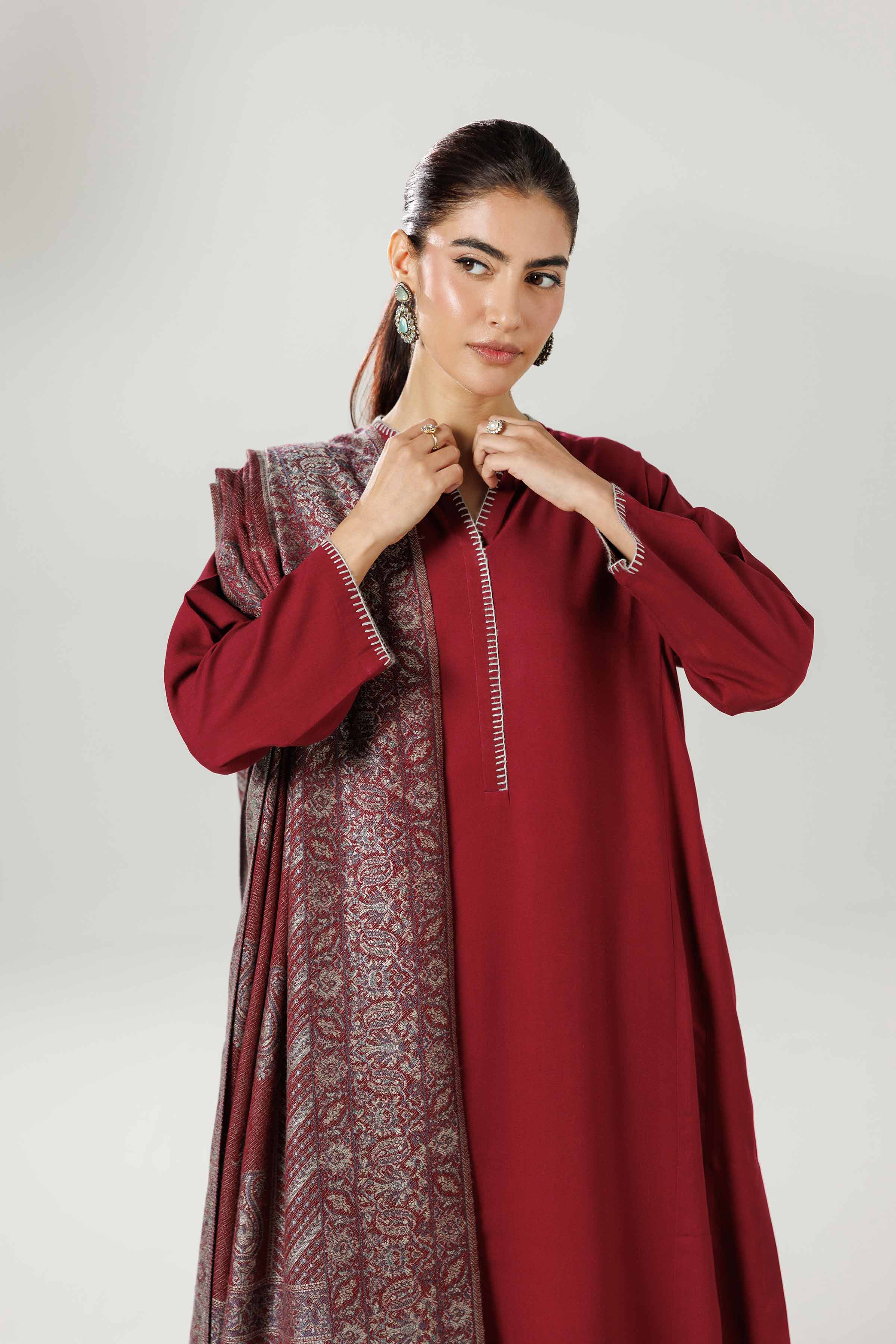 3 Piece - Basic Suit - KFW25-174 READY TO WEAR - LUXURY Maroon Linen 3PC Solids