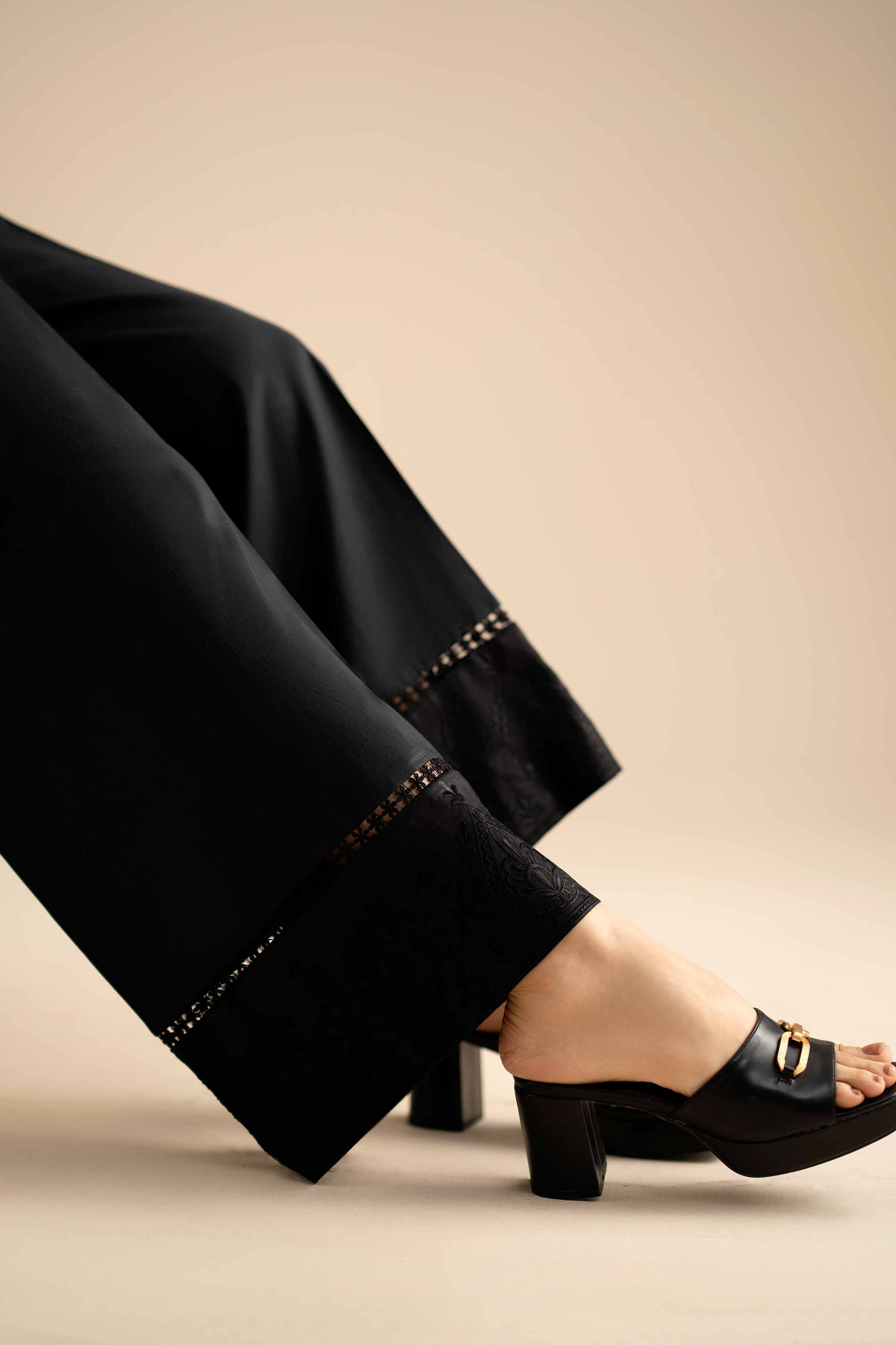 Embroidered Trousers - PW25-166 READY TO WEAR Black Cambric 1PC Embroidered