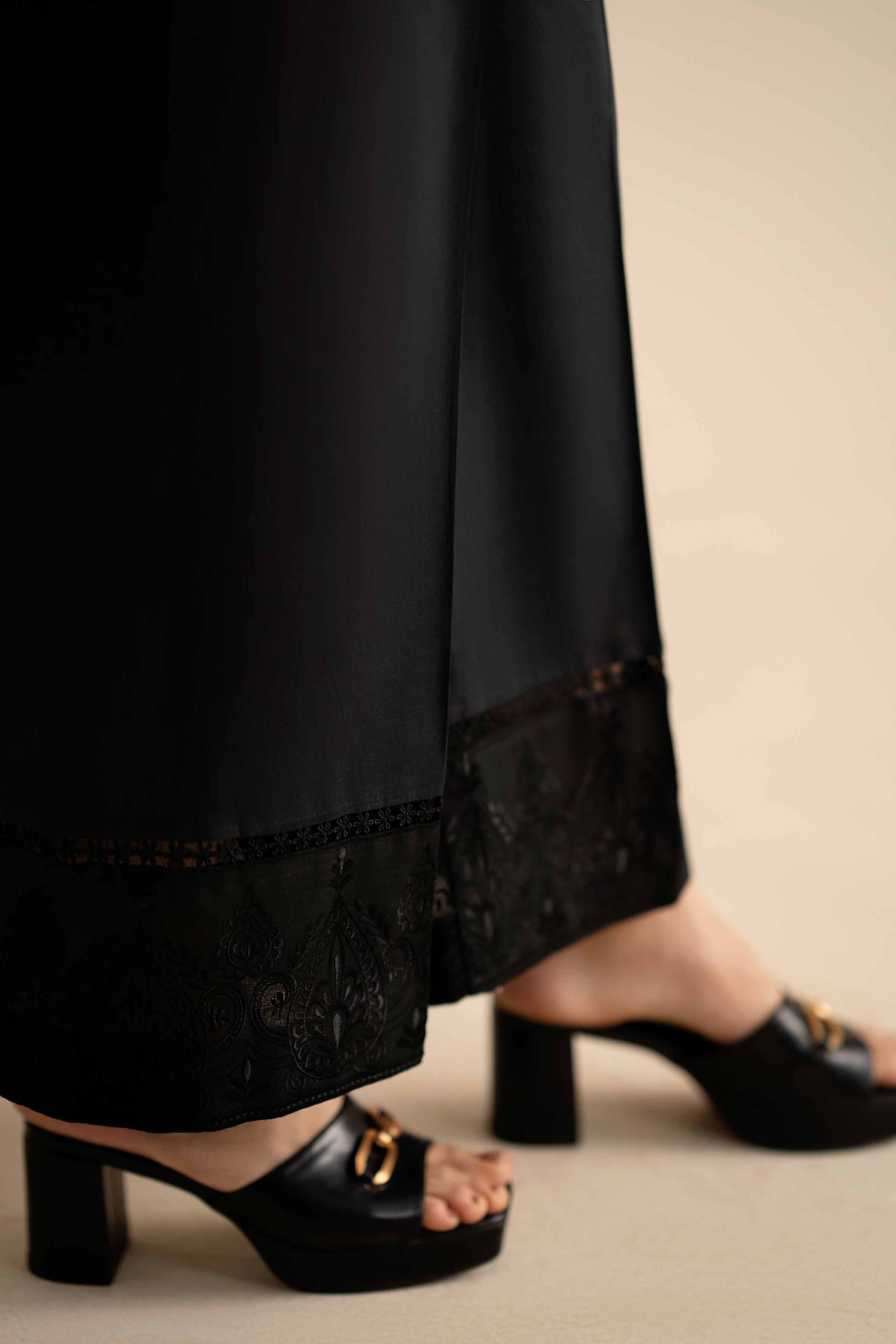 Embroidered Trousers - PW25-166 READY TO WEAR Black Cambric 1PC Embroidered