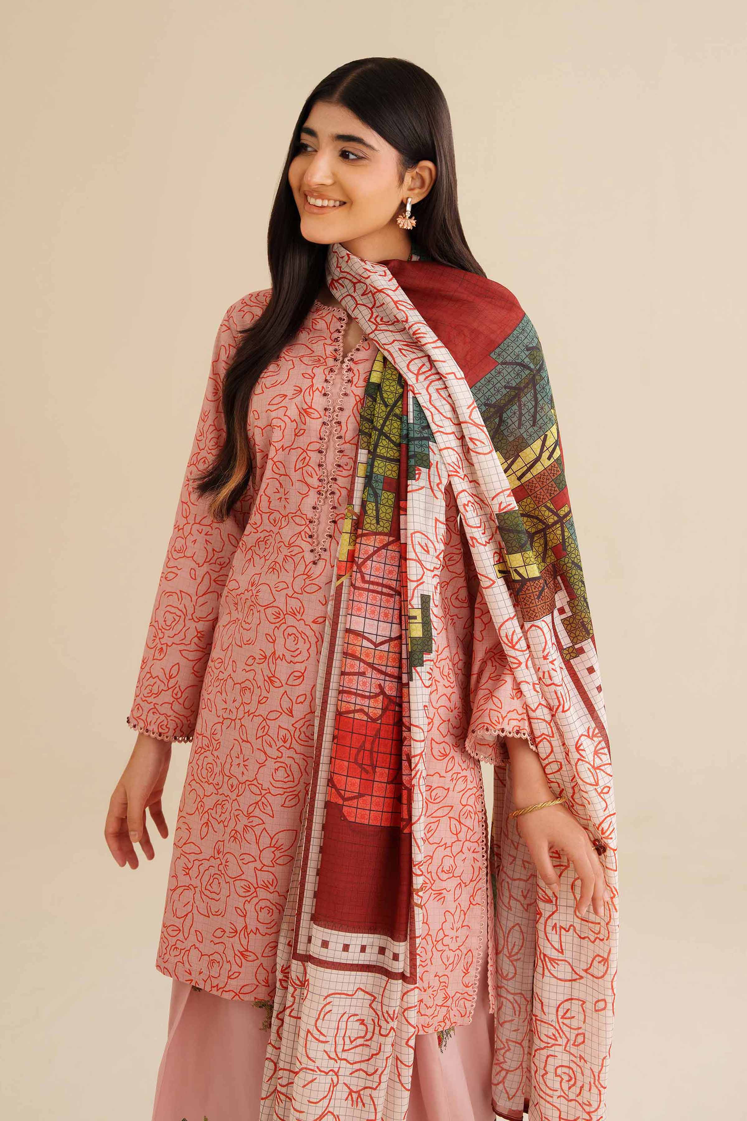 3 Piece - Printed Embroidered Suit - PW25-418 READY TO WEAR Pink Cambric 3PC Embroidered