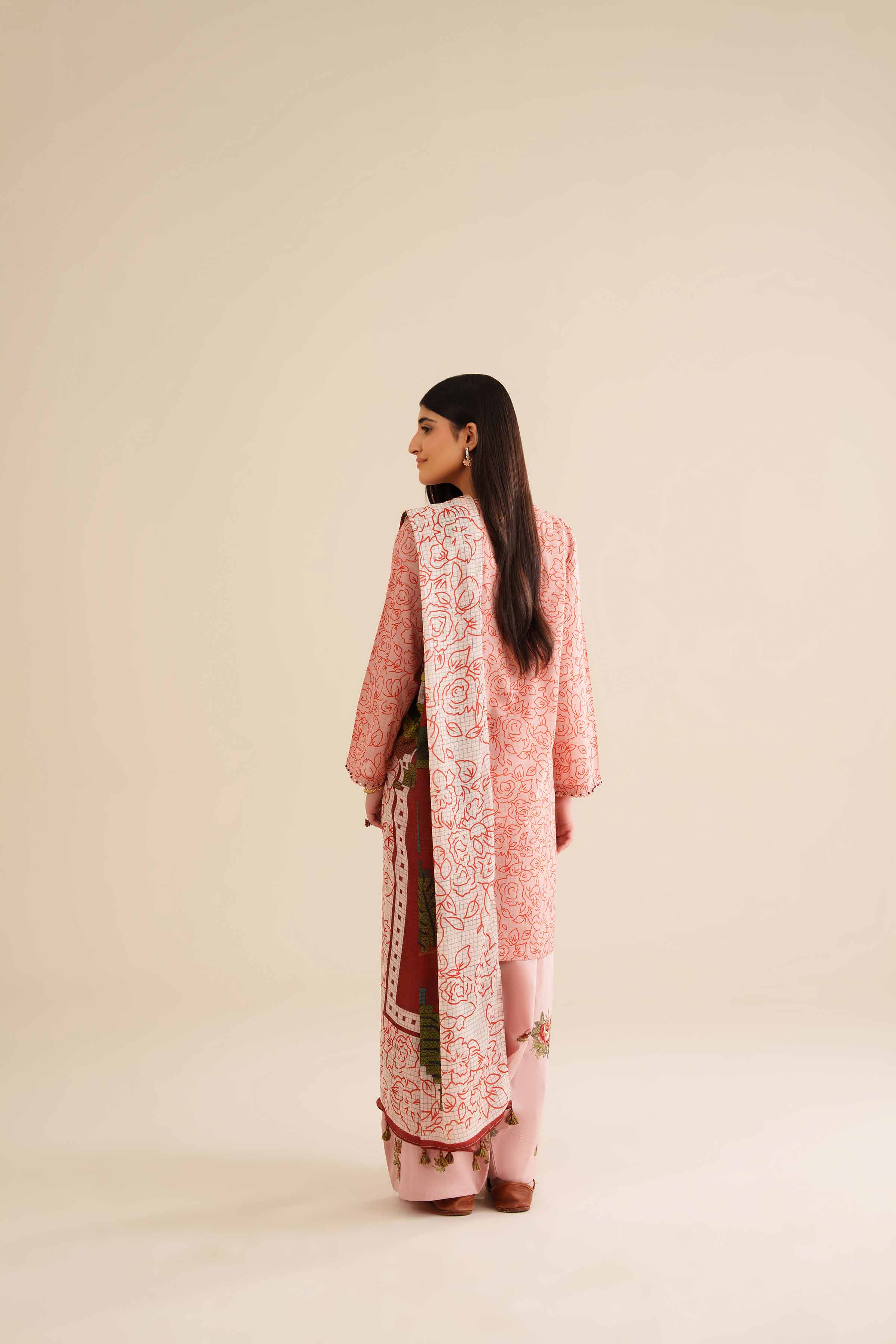 3 Piece - Printed Embroidered Suit - PW25-418 READY TO WEAR Pink Cambric 3PC Embroidered