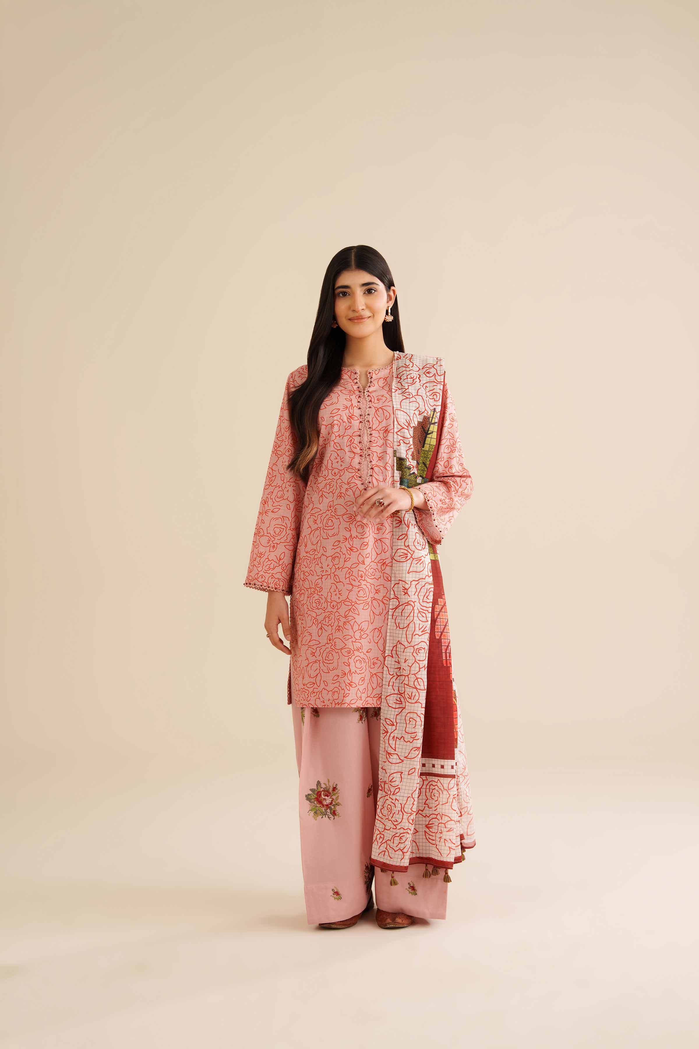 3 Piece - Printed Embroidered Suit - PW25-418 READY TO WEAR Pink Cambric 3PC Embroidered