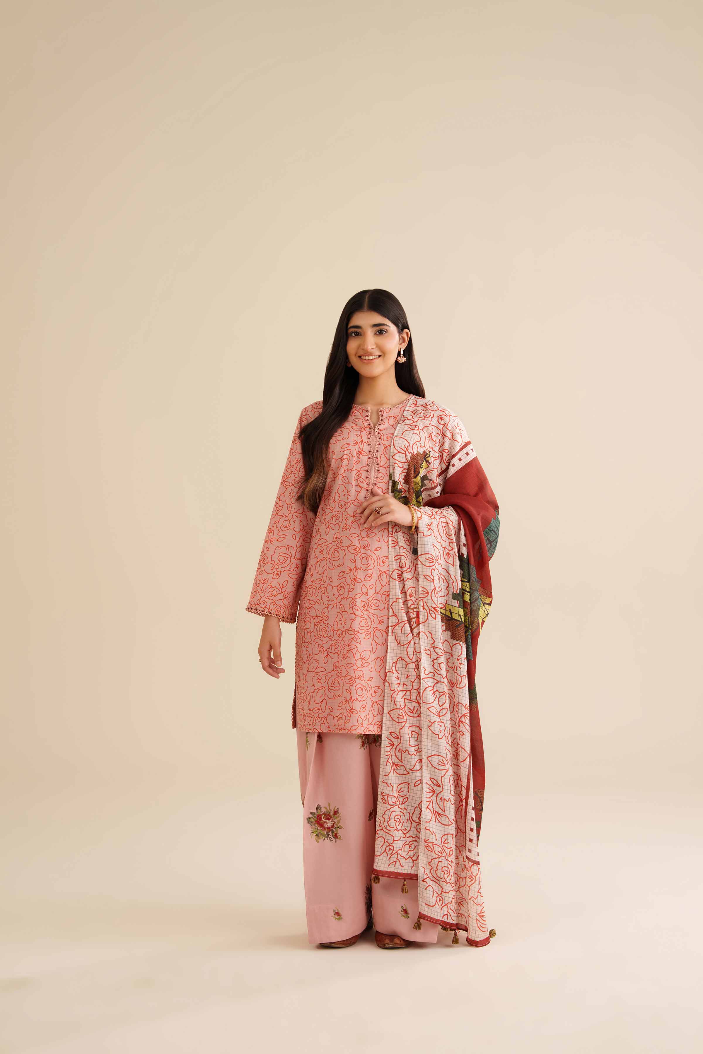 3 Piece - Printed Embroidered Suit - PW25-418 READY TO WEAR Pink Cambric 3PC Embroidered