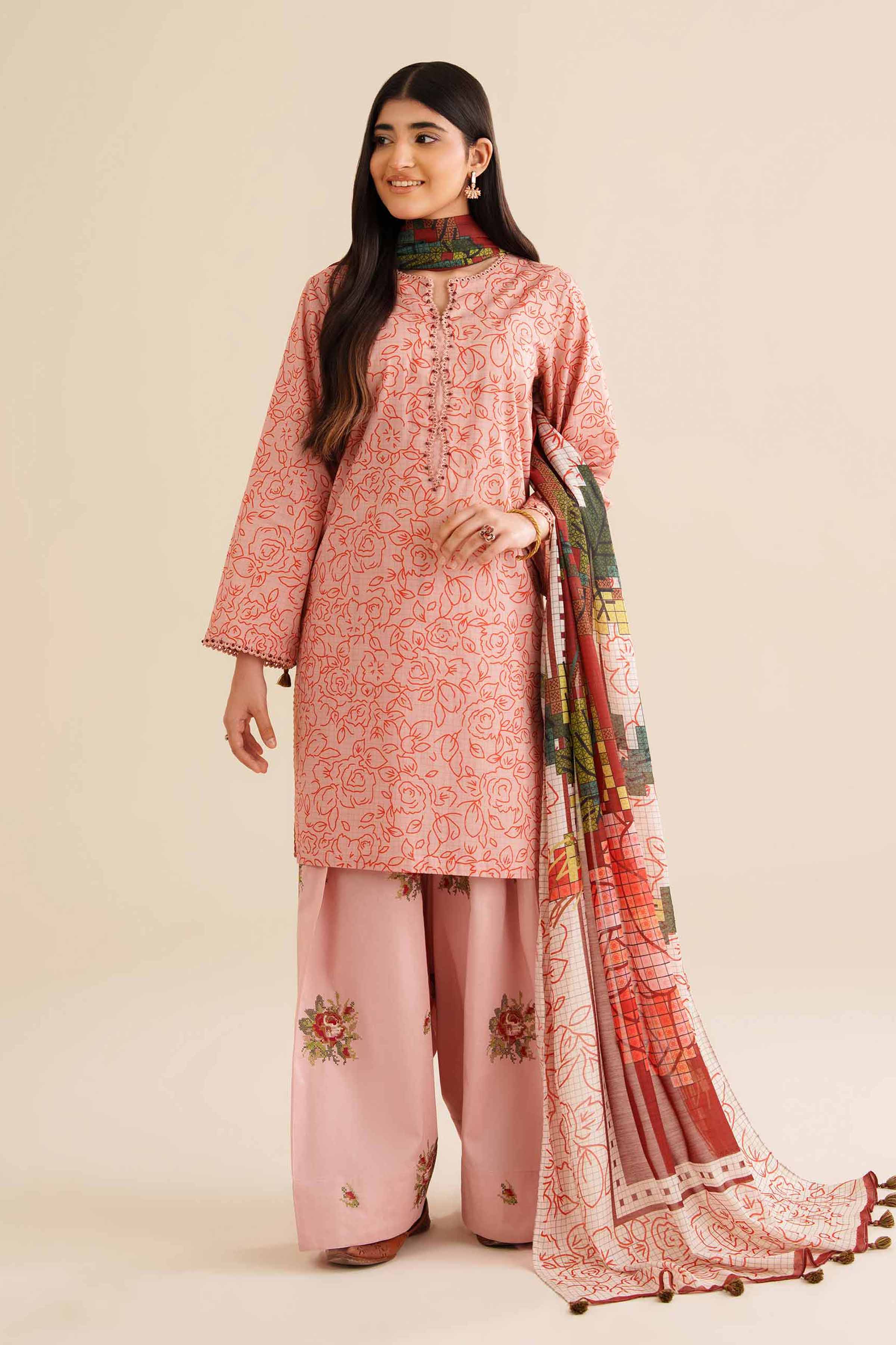 3 Piece - Printed Embroidered Suit - PW25-418 READY TO WEAR Pink Cambric 3PC Embroidered