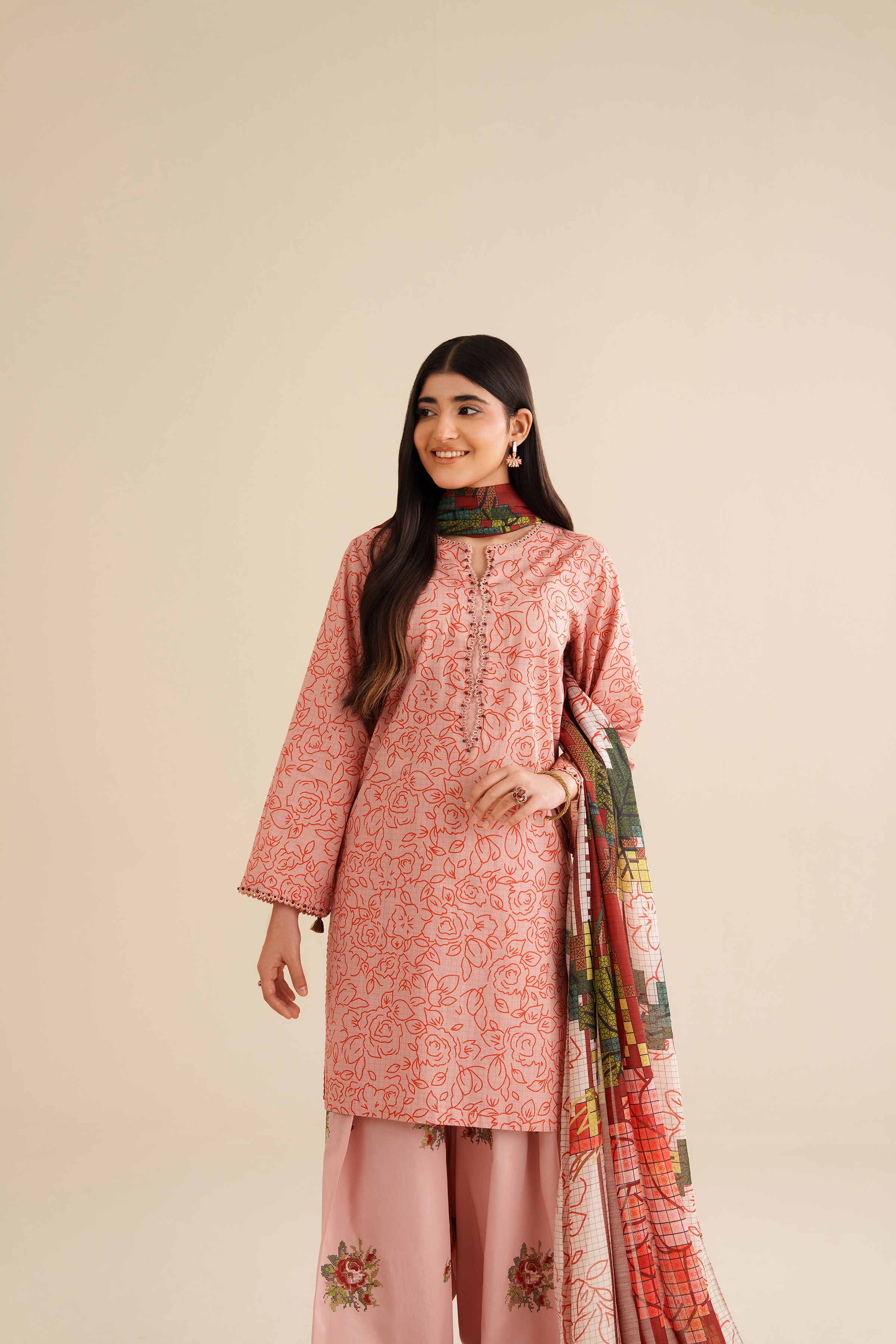 3 Piece - Printed Embroidered Suit - PW25-418 READY TO WEAR Pink Cambric 3PC Embroidered